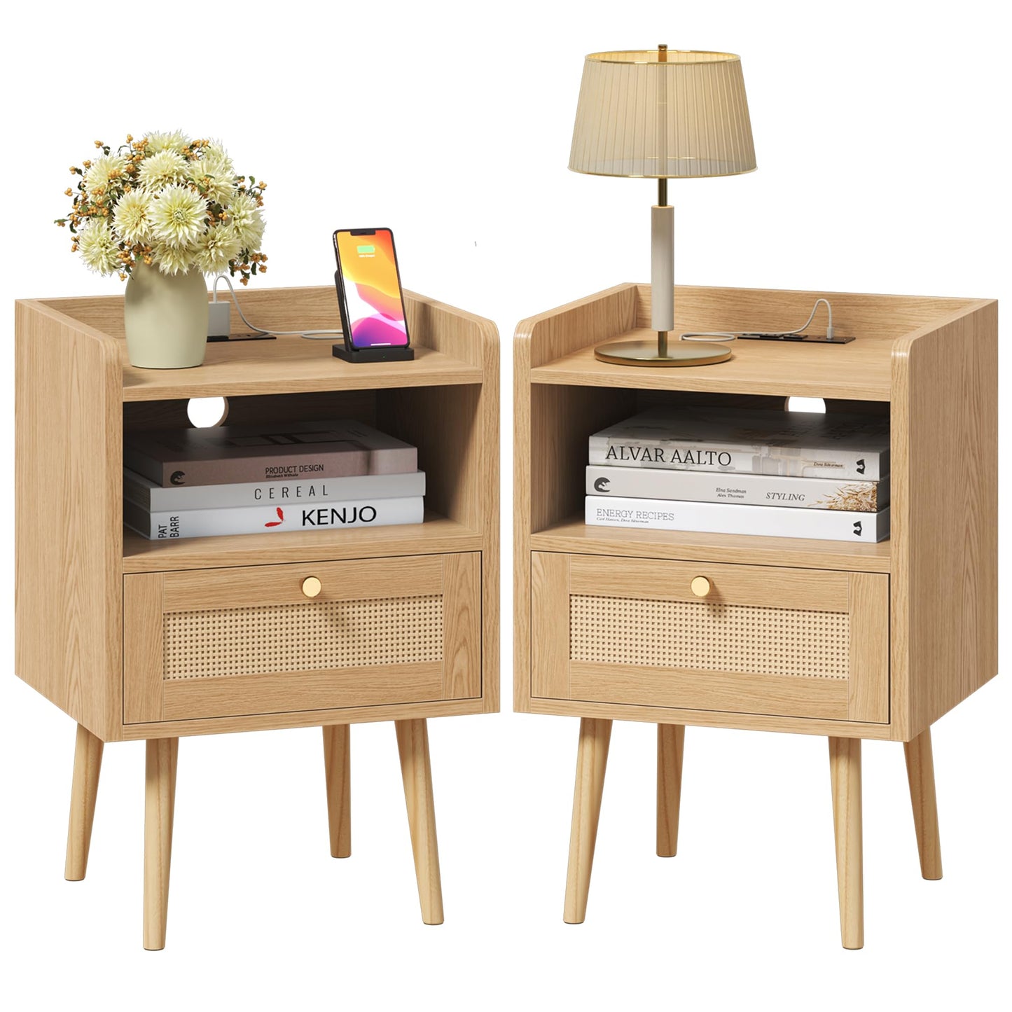 MECHYIN Night Stand Set 2, Nightstands Set of 2 with Charging Station, Rattan Side Tables with Solid Wood Legs, Boho Bedside End Table for Apartment Bedroom Dorm Small Space