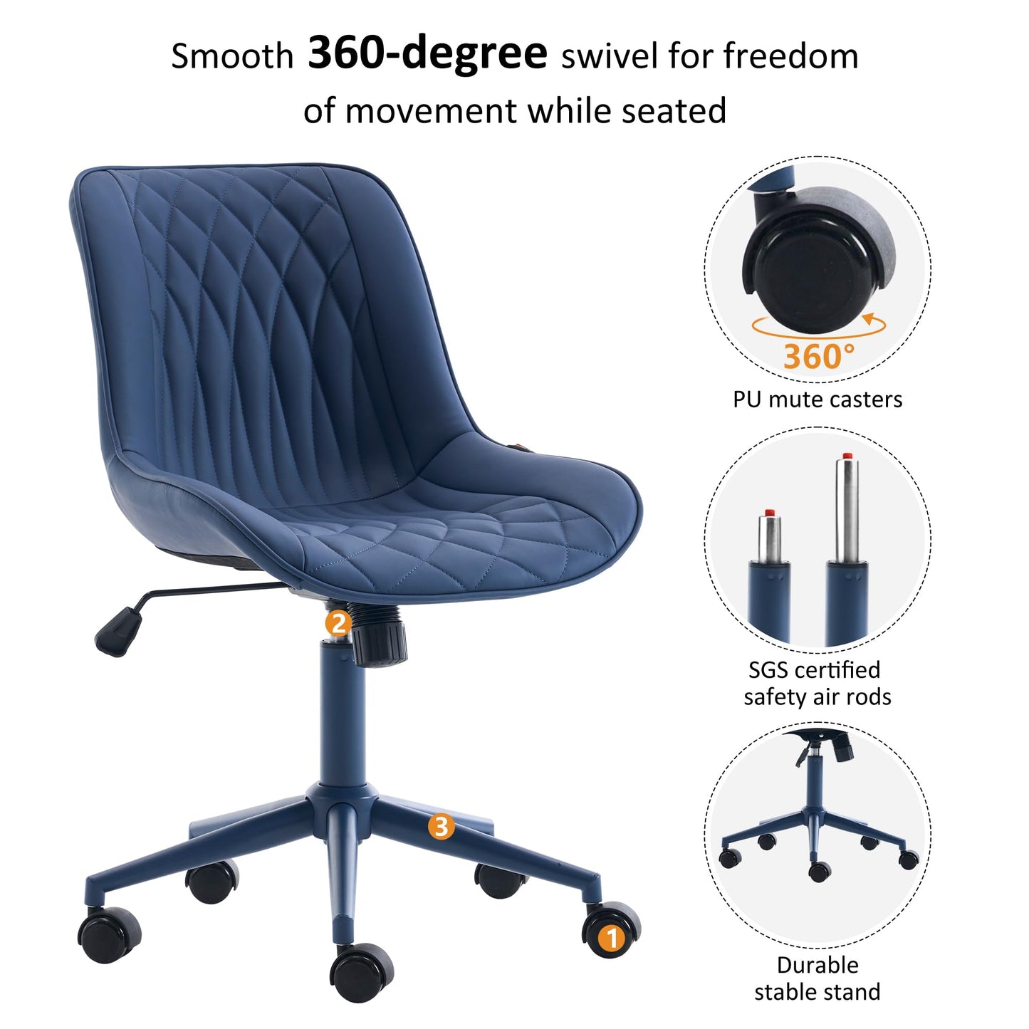 YOUNIKE Faux Leather Ergonomic Office Chair Armless Comfy Desk Chair with Rocking Back Cute Swivel Vanity Chair with Wheels Height Adjustable Small Computer Task Chair for Sewing Drafting Navy Blue