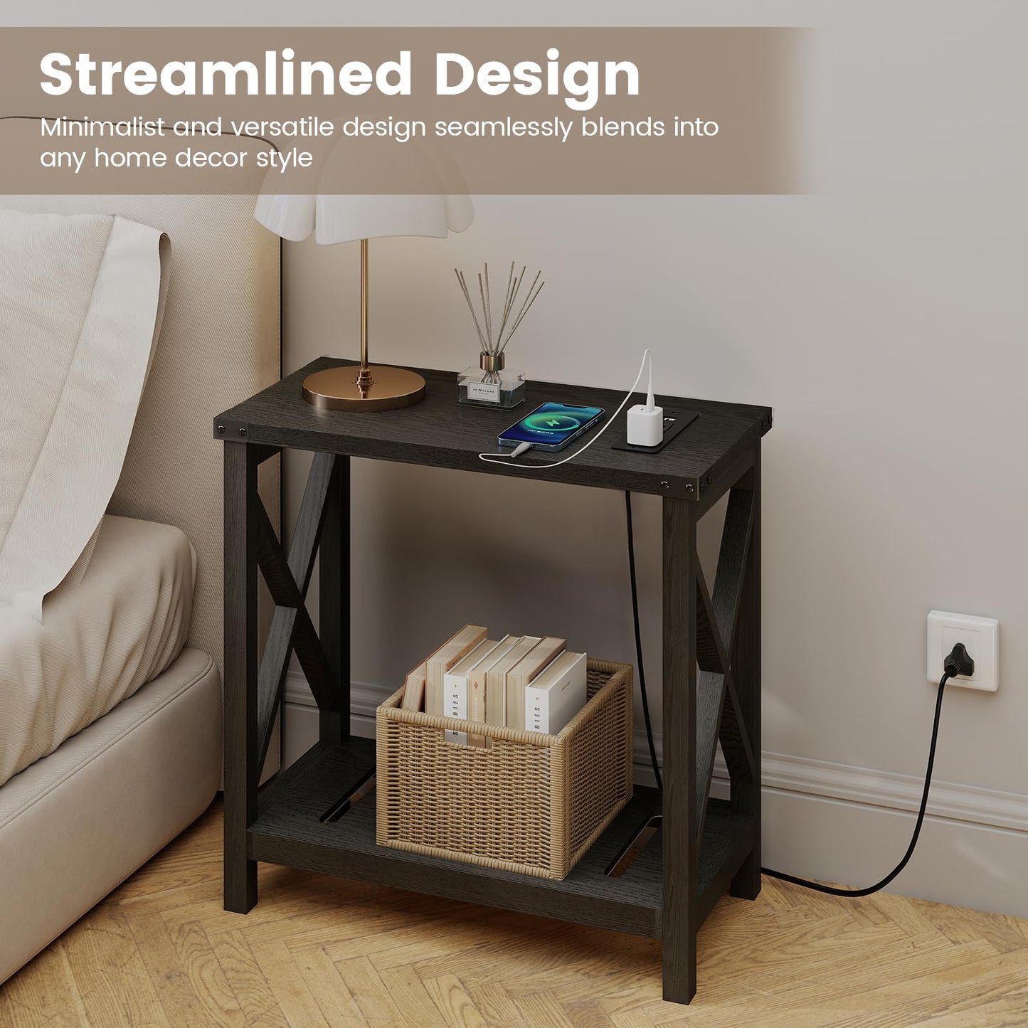 Hadulcet Farmhouse Side Table with Charging Station - Narrow Bedside Table for Small Space, Slim End Table, Rustic X-Design Nightstand for Living Room, Bedroom, Classic Black