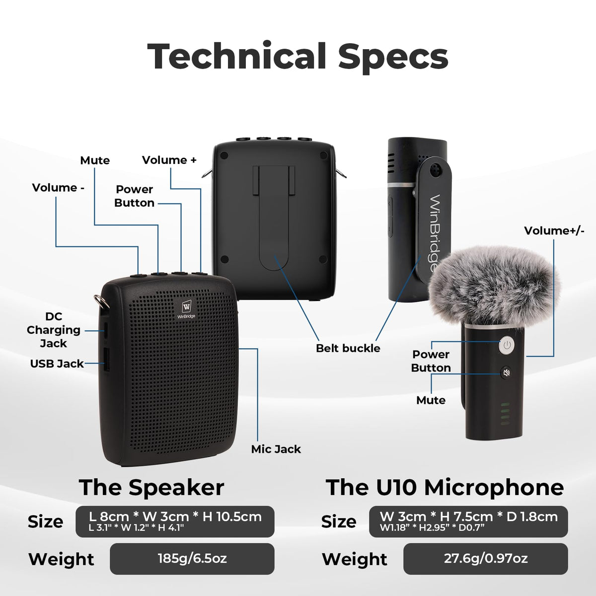 WinBridge Wireless Voice Amplifier with Bluetooth Lapel Microphone for Teaching, Classroom Lecturing, ABS 49ft, 12-15H Portable Personal Mini Amp Lavalier Mic Speaker for Teachers - WB006