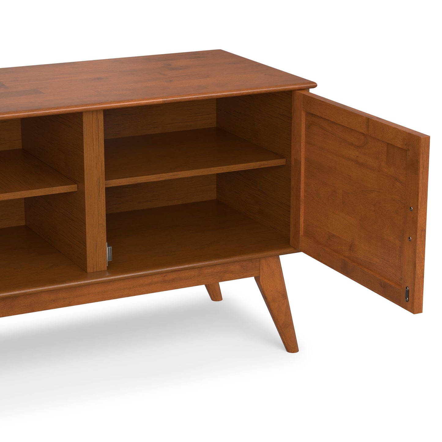 SIMPLIHOME Draper TV Stand - 60 inch Wide Solid Wood Low Media Console in Teak Brown, Mid Century Modern Entertainment Center for Living Room for TVs up to 65 Inches with Cabinets and Cable Management