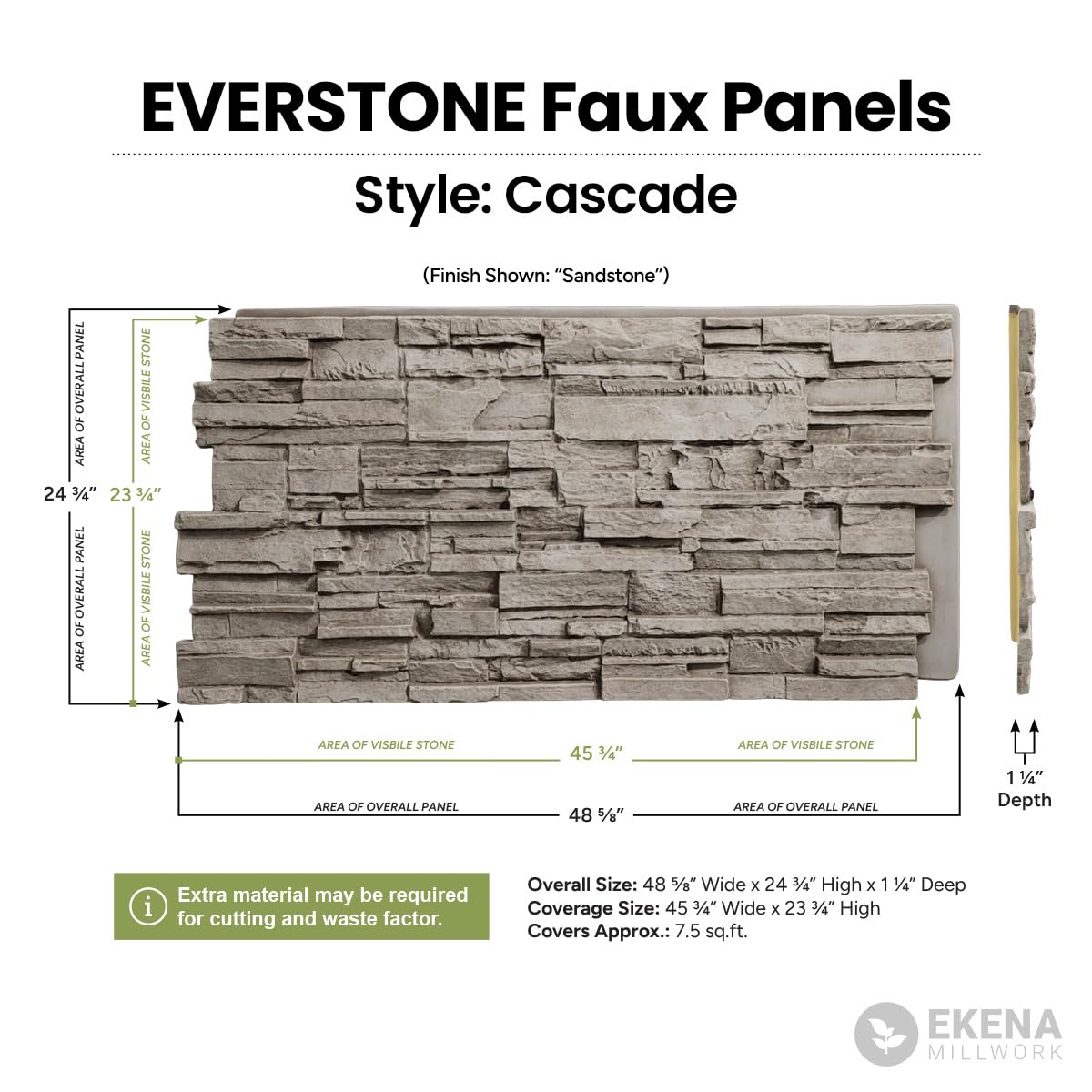 EverStone Cascade Faux Stone Panel, 48 5/8"W x 24 3/4"H x 1 1/4"D, Graphite Color