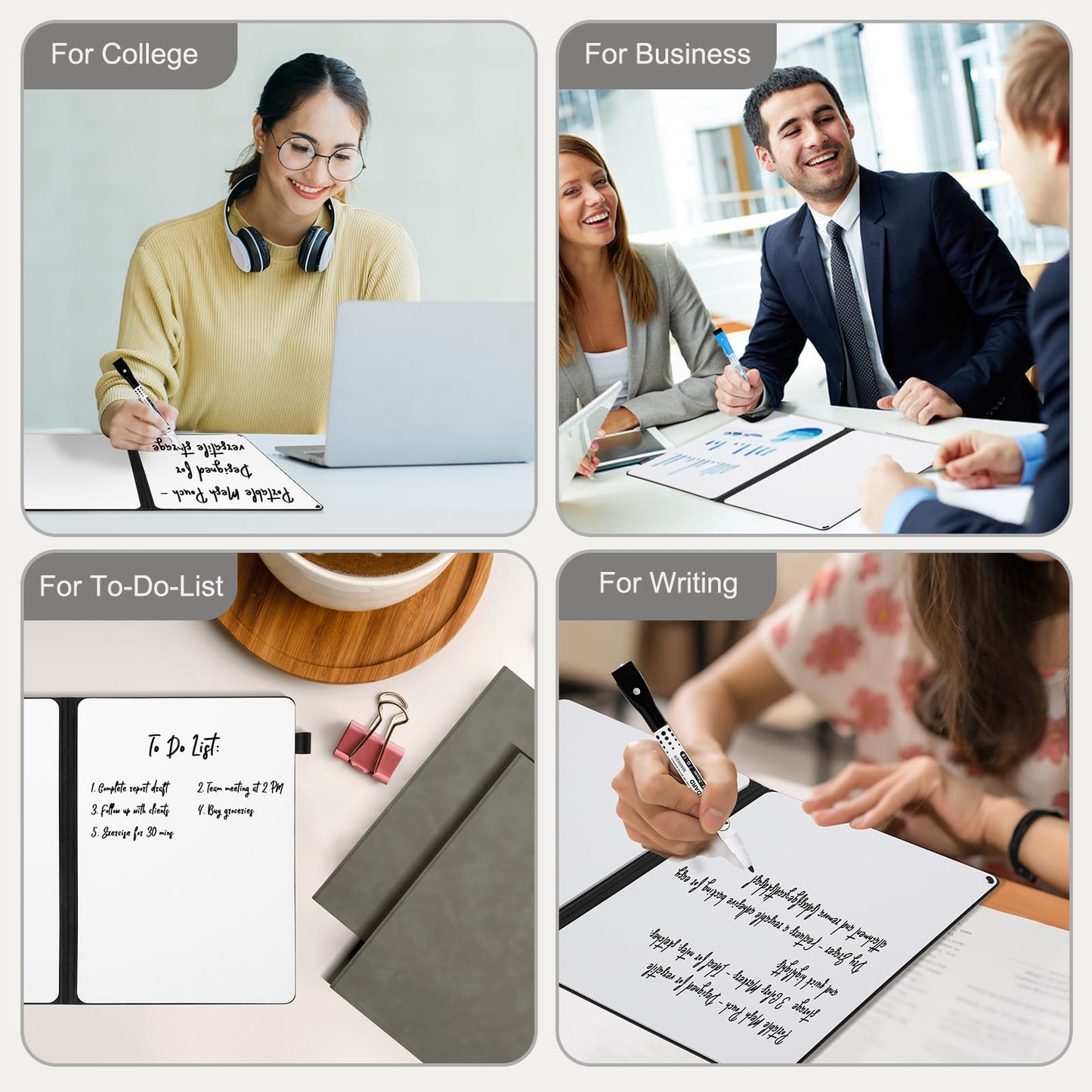 AGM Portable White Board Dry Erase Notebook, 12" x 9" Double Sided Folding Whiteboards with 3 Pens, Small Travel Dry Erase Board Skin-Friendly Material for Study, Meeting, Planning, Grey