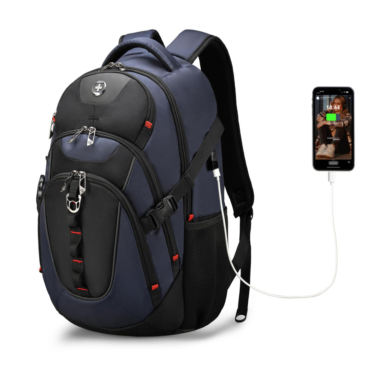 Swissdigital Design Laptop Backpack with USB Charging Port, Travel Backpack Fits 15.6 inches Computer, 31L College School Backpack for Men, Blue/Black | SD803-12