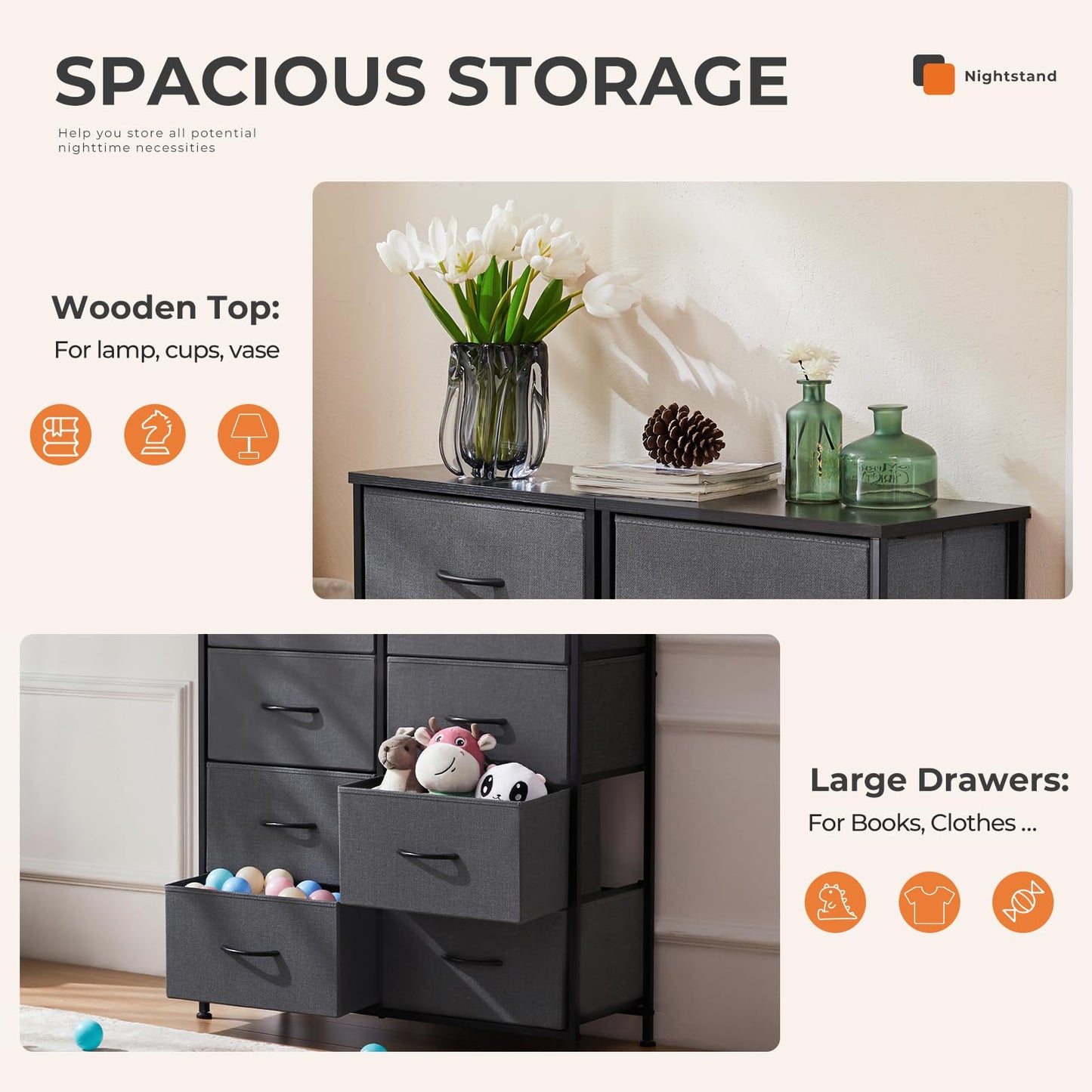 Sweetcrispy Dresser for Bedroom, Fabric Dresser with 8 Drawers, Chest of Drawers for Closet, Living Room, Sturdy Steel Frame, Wooden Top, Easy Pull Handle, Ash