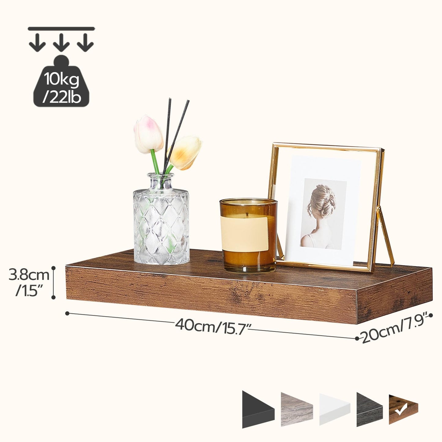 HOOBRO Floating Shelves for Wall, Wall Mounted Shelf Set of 2, 15.7" Hanging Shelf with Invisible Brackets, for Wall Decor Storage in Bathroom Bedroom Kitchen Living Room Office, Rustic Brown BF40BJ01
