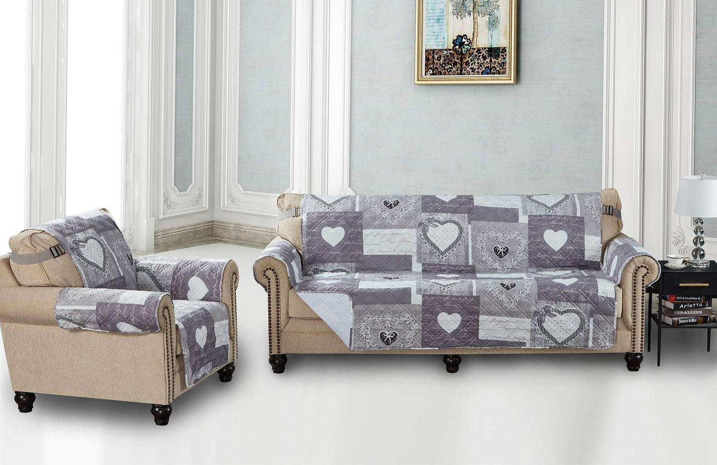 Brilliant Sunshine Grey Heart Love Patchwork Quilted Chair Slipcover, 23" Seat Width, Slip Resistant Furniture Protector, 2" Strap, Washable Armchair Cover for Pets, Kids, Dogs, Cats, Grey