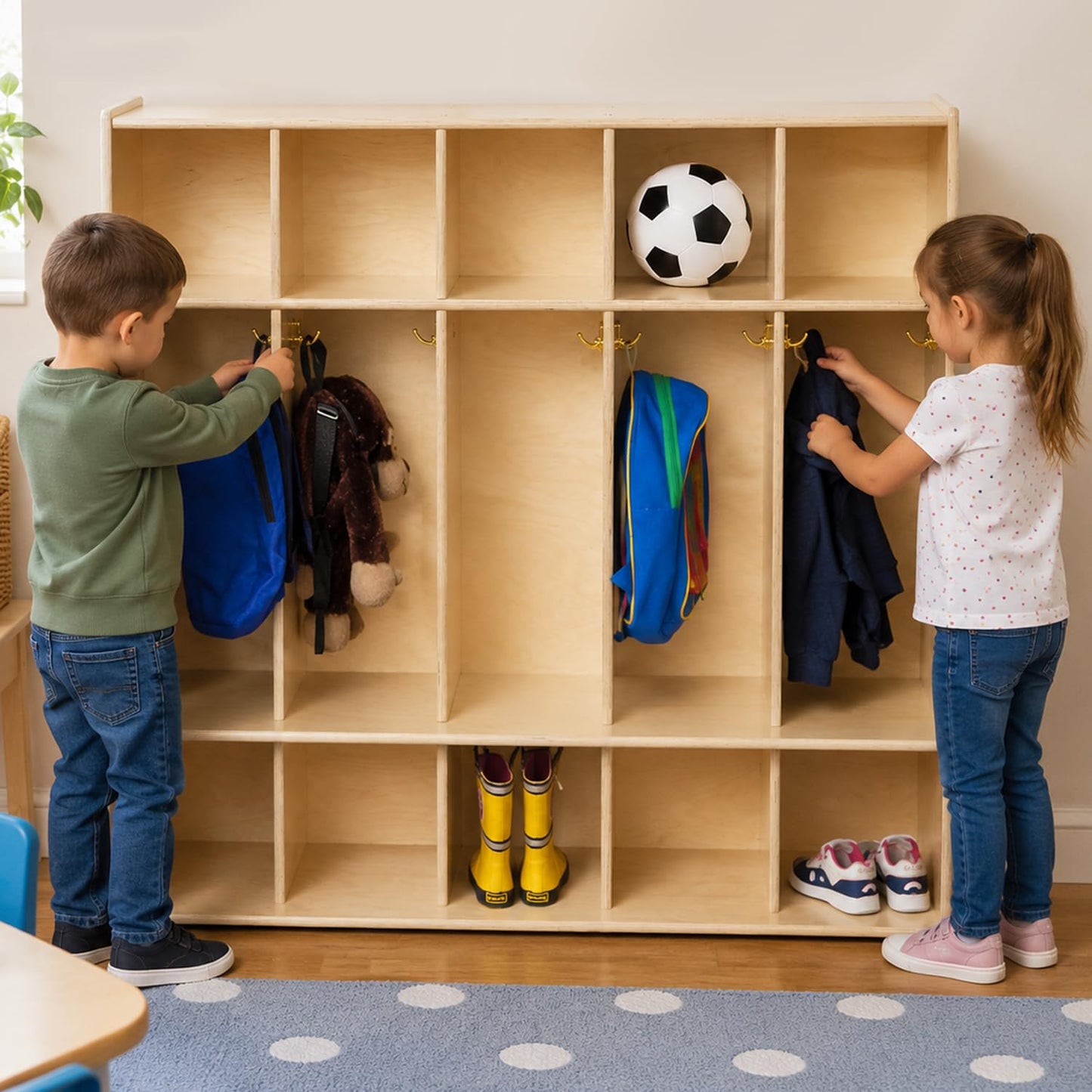 Contender 5-Section Coat Locker with Bench & Cubby Storage for Kids, Backpack Organizer with Cubbies Storage for Daycare, Preschool, Kindergarten [Natural]