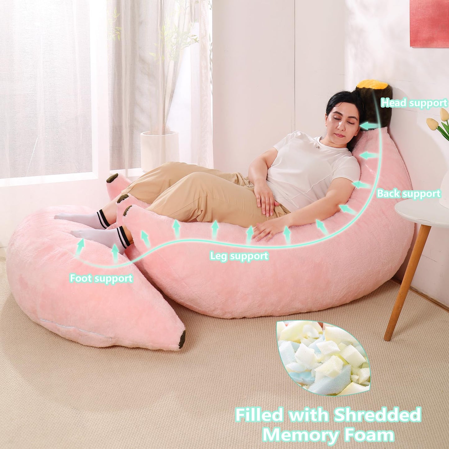 IEVENW Banana Bean Bag Chair with Ottoman, Floor Sofa Bed with Footrest, Comfy Convertible Lounger for Adults, Plush Couch for Bedroom, Living Room or Dorm, L-Pink