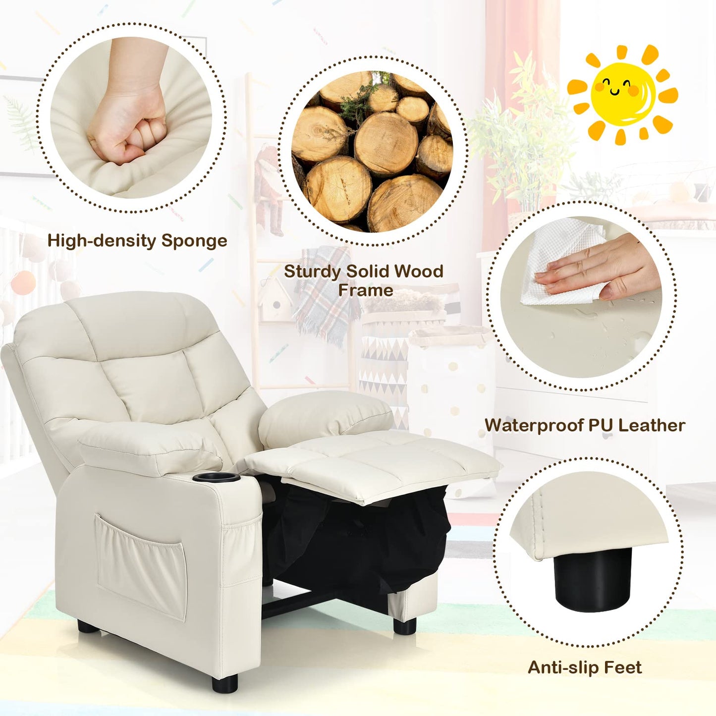 Costzon Kids Recliner Chair with Cup Holder, Adjustable Lounge Chair w/Footrest & Side Pockets for Children Boys Girls Room, Ergonomic Toddler Furniture Sofa, Kids Recliner (Beige)