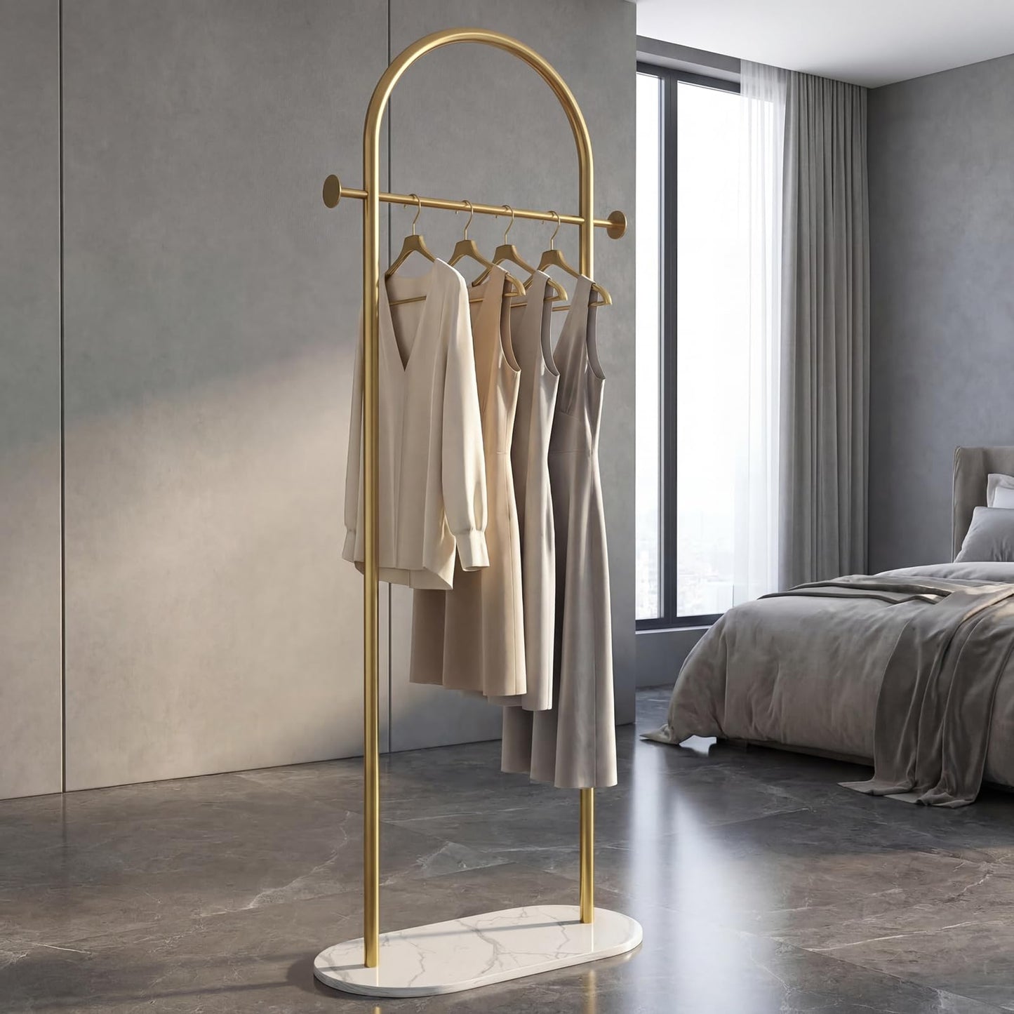 KADIGANG Gold Clothing Rack, Modern Clothes Rack with Shelf, Heavy Duty Freestanding Coat Rack, Metal Coat Hanger Stand with Hooks for Boutique Office