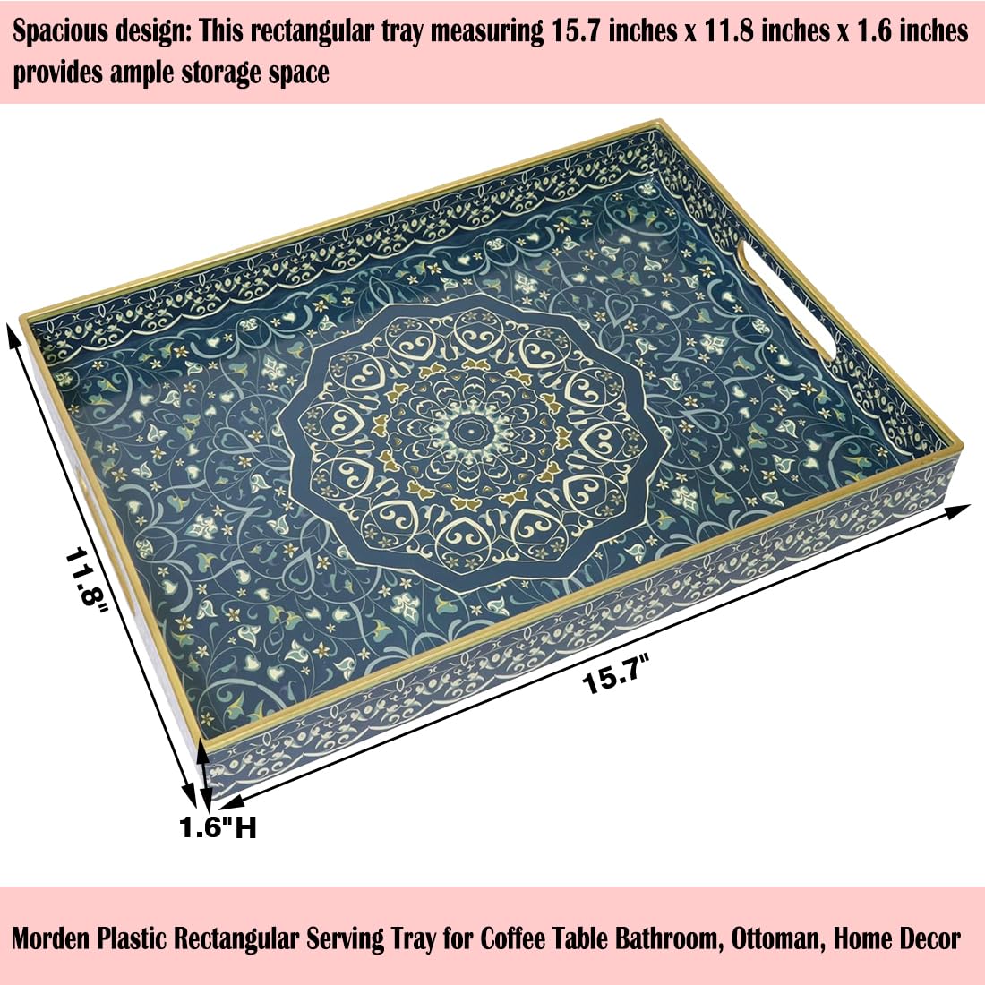 Umisriro Decorative Tray, Blue Serving Tray with Handles, Ottoman Trays, Plastic Coffee Table Tray for Living Room, Bathroom, Kitchen, Decor, 15.7”*11.8”