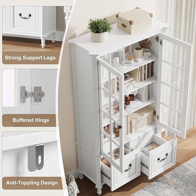 QUW 63" Tall Bookshelf with Glass Doors and Solid Wood Legs, Modern Book Shelf