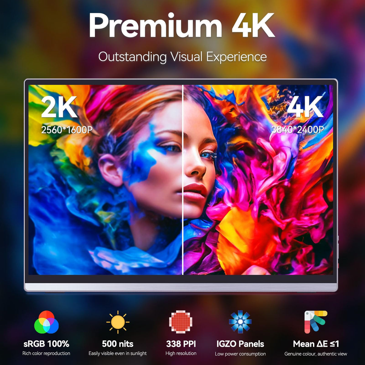 Intehill Portable Monitor 4k,Anti-Glare 13.4" 3840 * 2400 IGZO Screen, 4K Portable Travel Monitor, 1500:1,500 Nits Screen,HDR,sRGB 100%,Built-in Speakers,Dual USB-C,HDMI for Laptop Mac Phone PS5