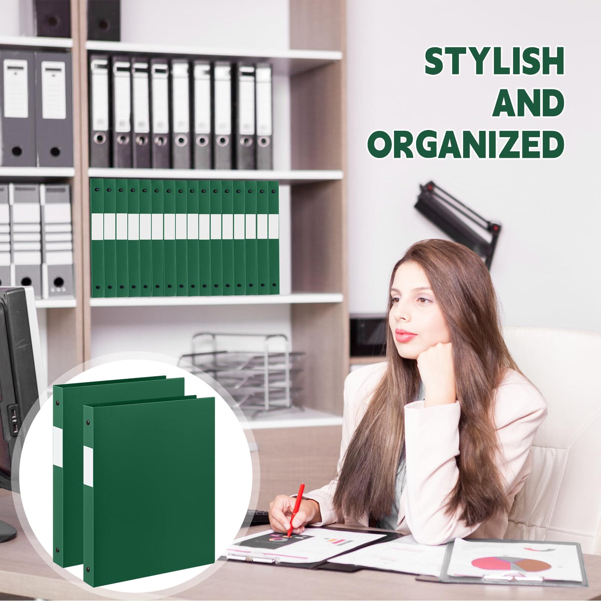 Henoyso 26 Pack 0.5 Inch Plastic 3 Ring Binder Round Ring, Bulk 1/2 Inch Flexible Binders Hold 140 Sheets Letter Size with Pocket, Document Organizer for Back to School Classroom Office (Dark Green)