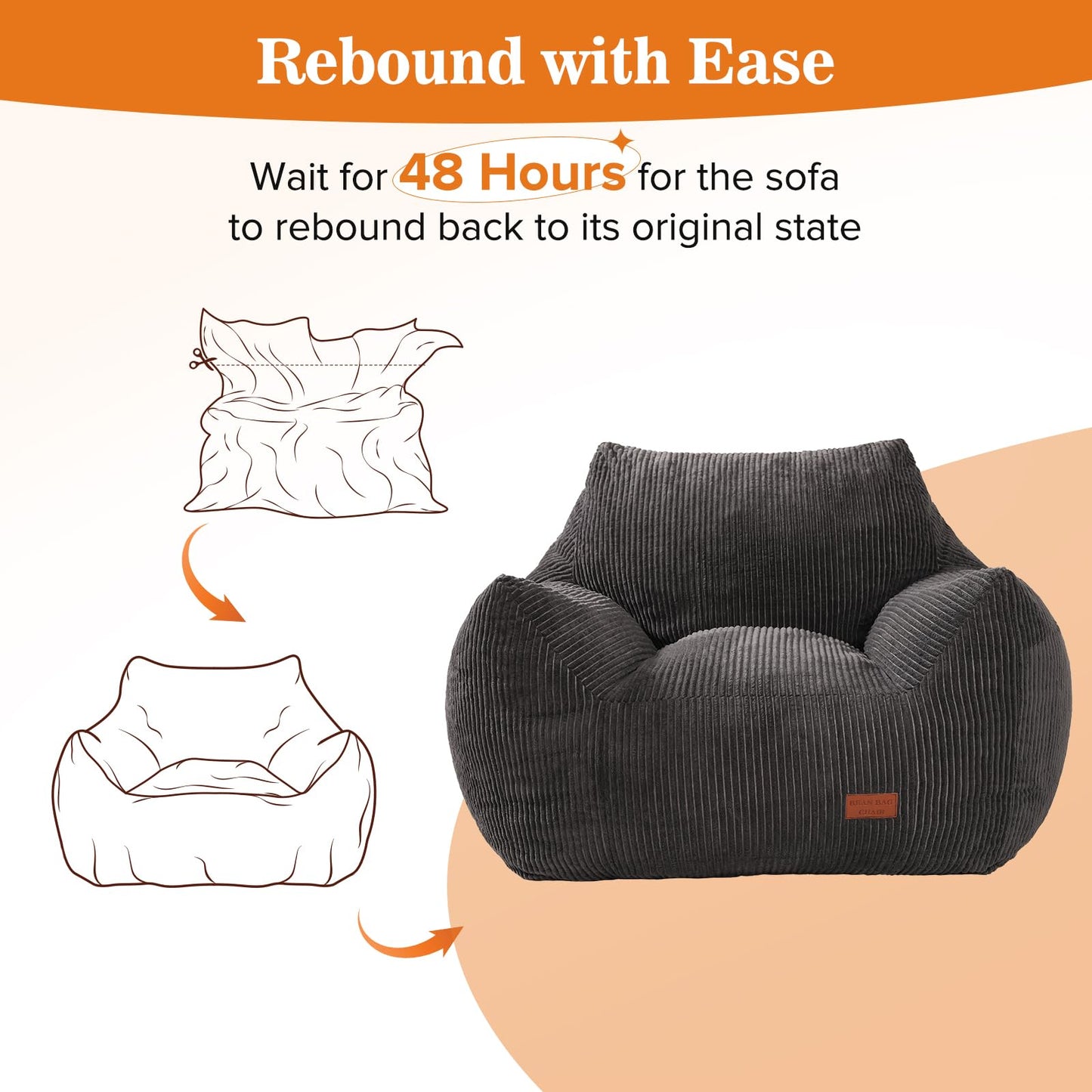 Vellorise Big Bean Bag Chair for Adults, Ultra Soft Living Room Bean Bag with Armrests, Stuffed BeanBag Chair for Napping, Gaming, Vacuum-Compressed for Easy Gifting, 48 Hours to Fluffs Up, Dark Gray