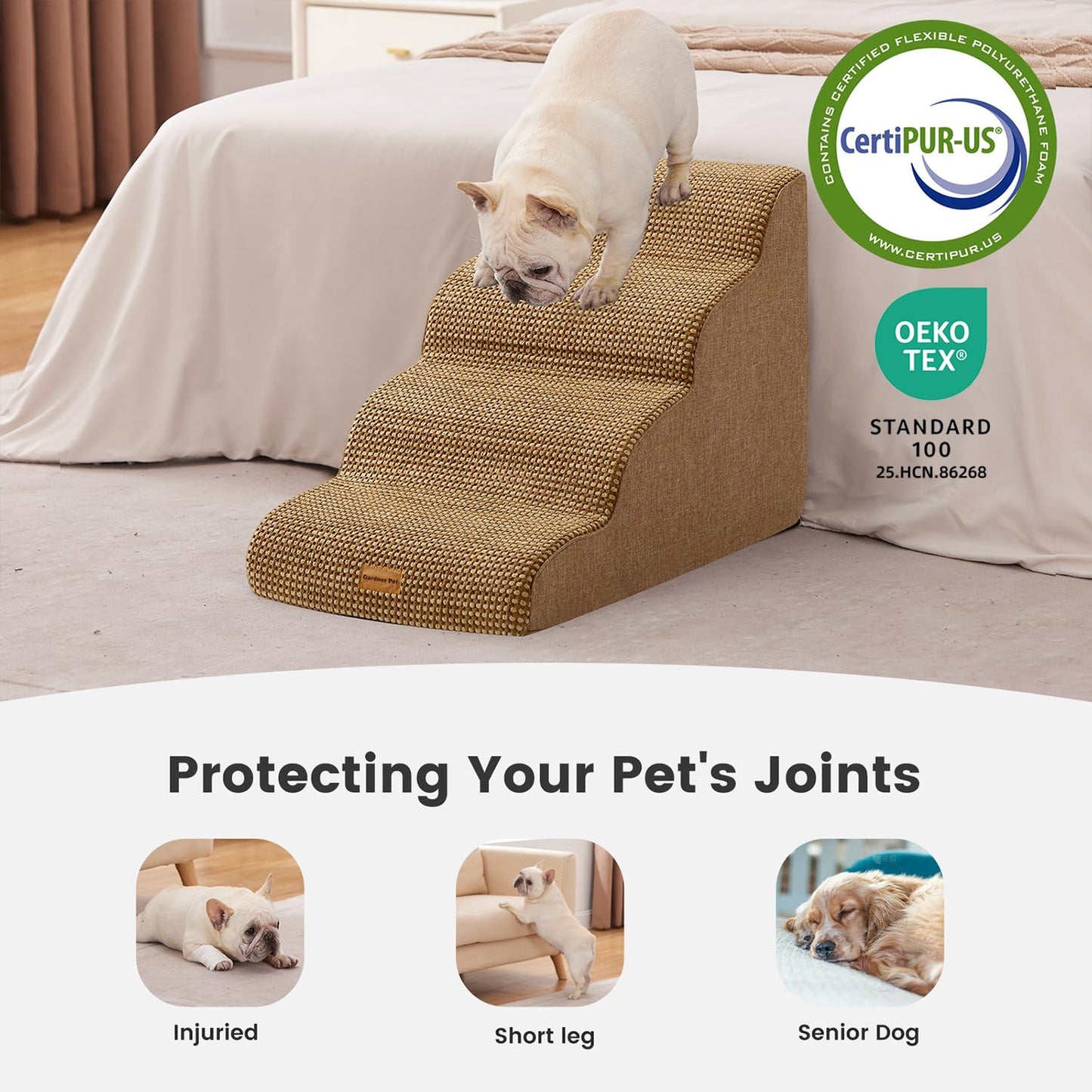 Gardner Pet Dog Stairs for Small Dogs 19.7" H, 4-Step Brown Curved Pet Stairs, Dog Steps for High Bed (18-24 in), Couch with Durable Non-Slip Waterproof Fabric Cover and CertiPUR-US Certified Foam