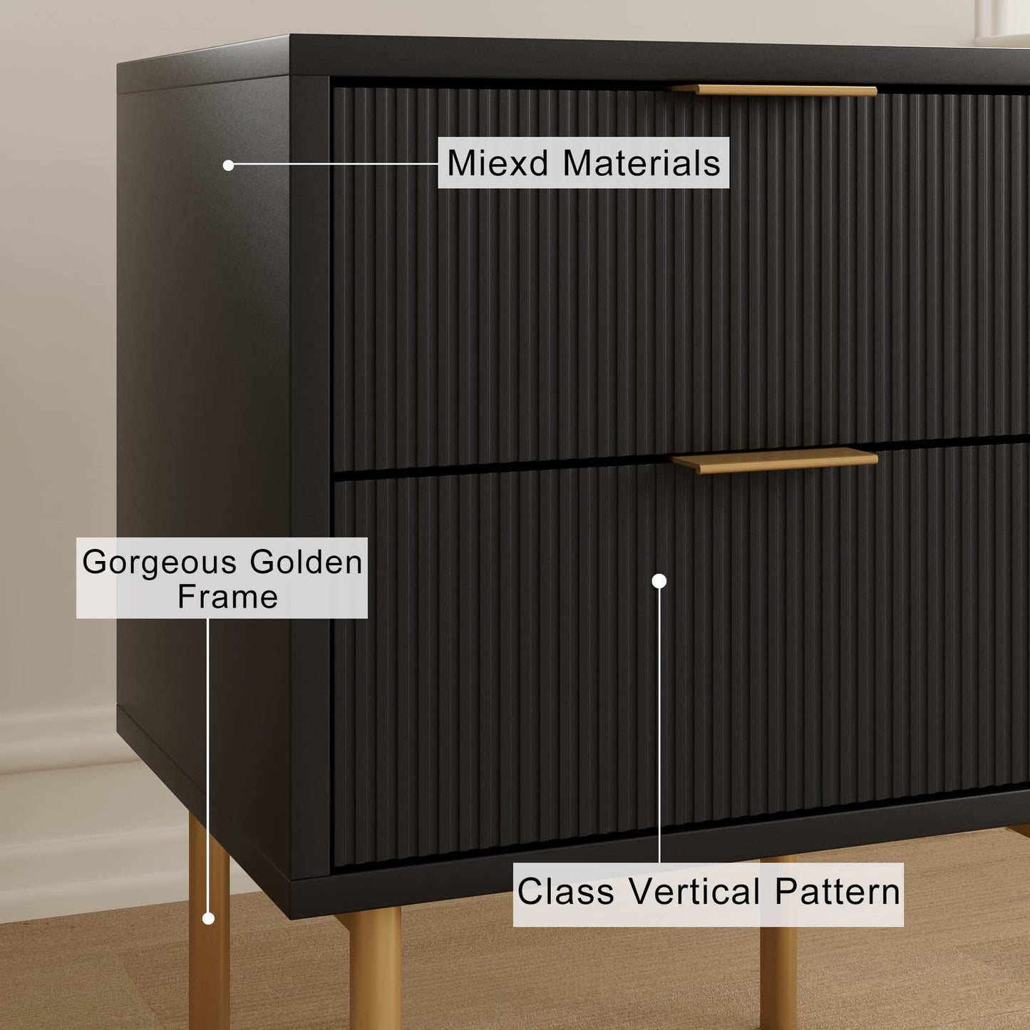 Masupu Nightstand,Mid-Century Modern Bedside Table with 2 Storage Drawer,Small Gold Frame Side End Table for Bedroom,Living Room, Black