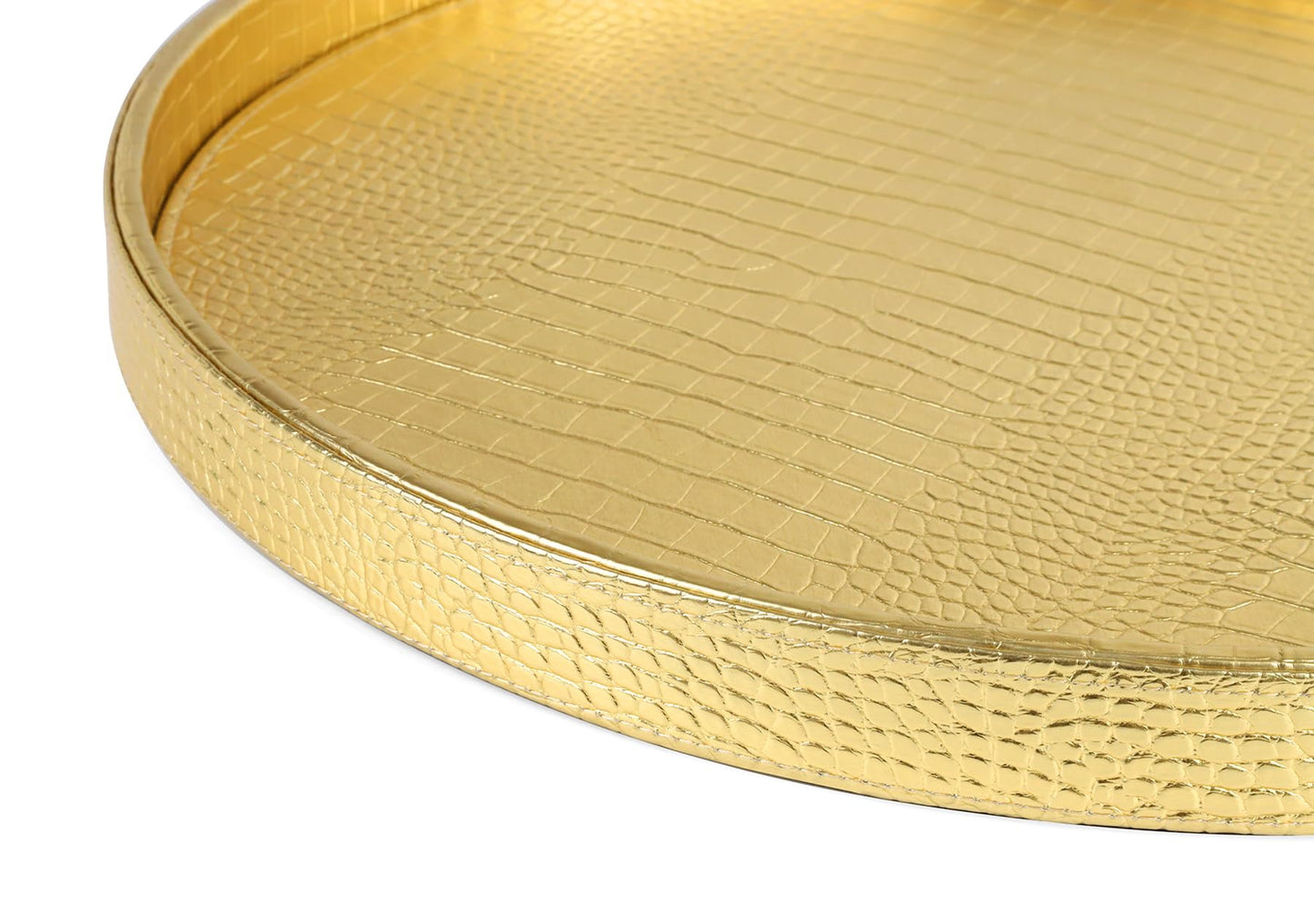 HofferRuffer Round Serving Tray 20'', Elegant Faux Leather Circle Ottoman Table Tray, Serve Tea Coffee Breakfast in Bedroom Living Room Kitchen (Gold, 20")