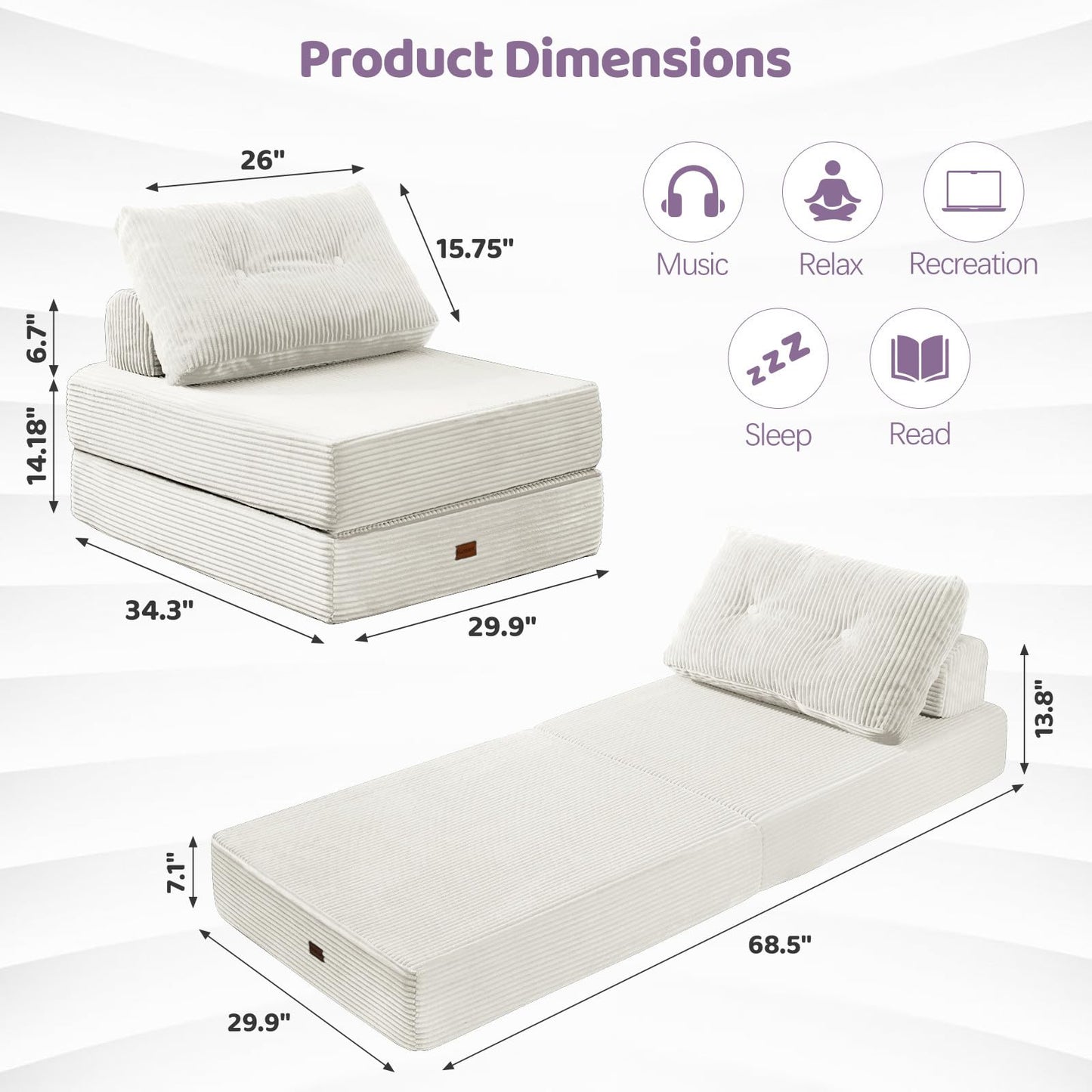 PIASHJOY Folding Sofa Bed Chair, Sleeper Chair for Adults with High-Density Foam and Pillow,Portable 3 in 1Folding Chair Bed for Living Room、Apartment 、Hotel,Single, Creamy Apricot