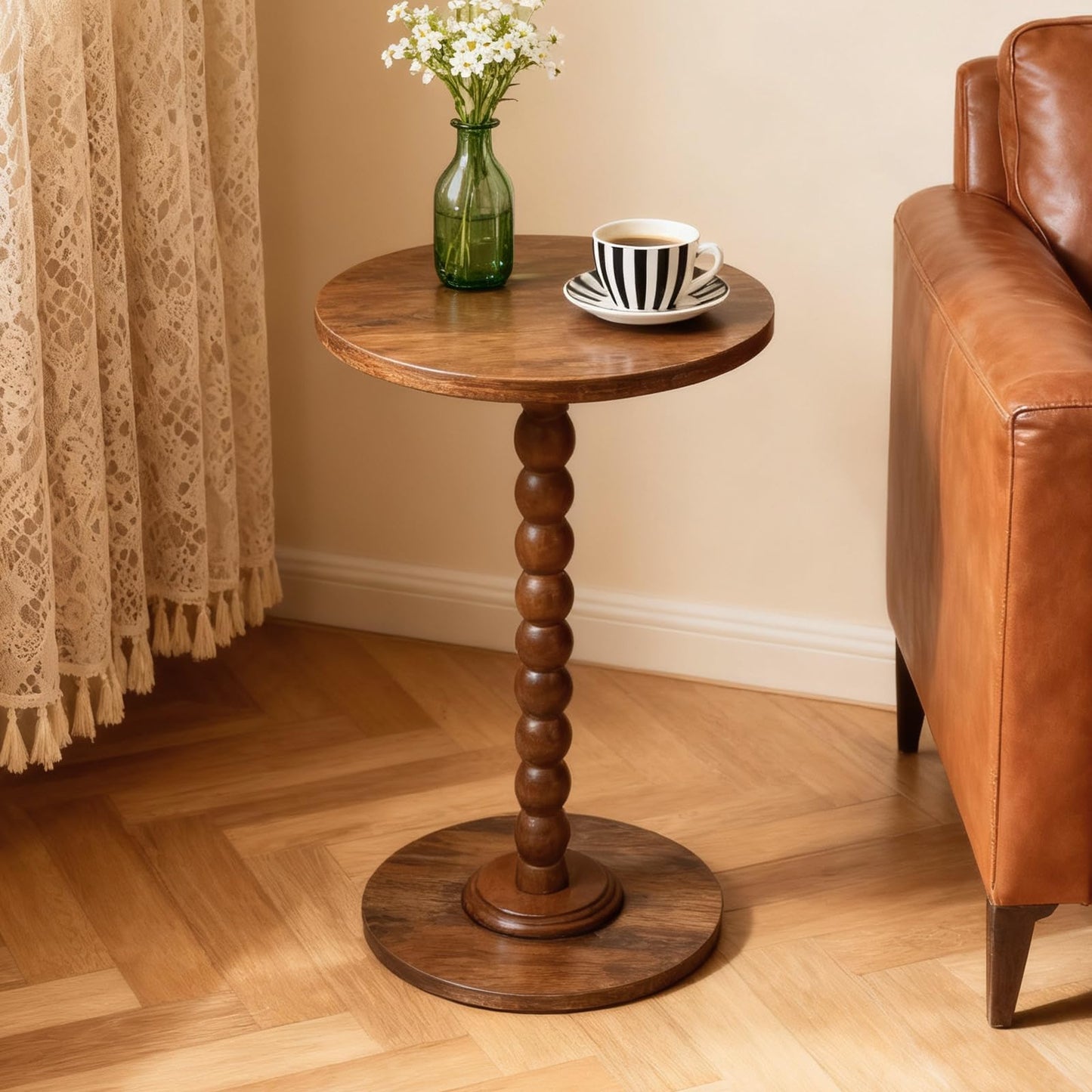 FIAHOSEY Small Walnut Drink Table - 22.56" Tall Vintage Bobbin End Table for Small Spaces, Dark Wood Pedestal Accent Table for Living Room, Classic Martini Table
