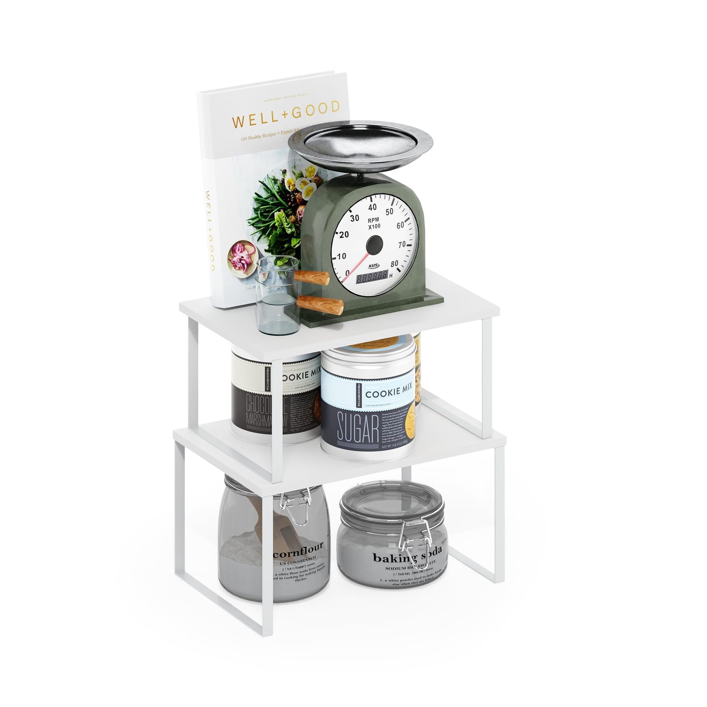 Furinno RAVEL Kitchen Countertop Organizer Set of 2, Nesting Counter Shelves, Kitchen Storage, Expandable, Stackable, Spice Rack, for Kitchen, Pantry, Coffee Bar, White