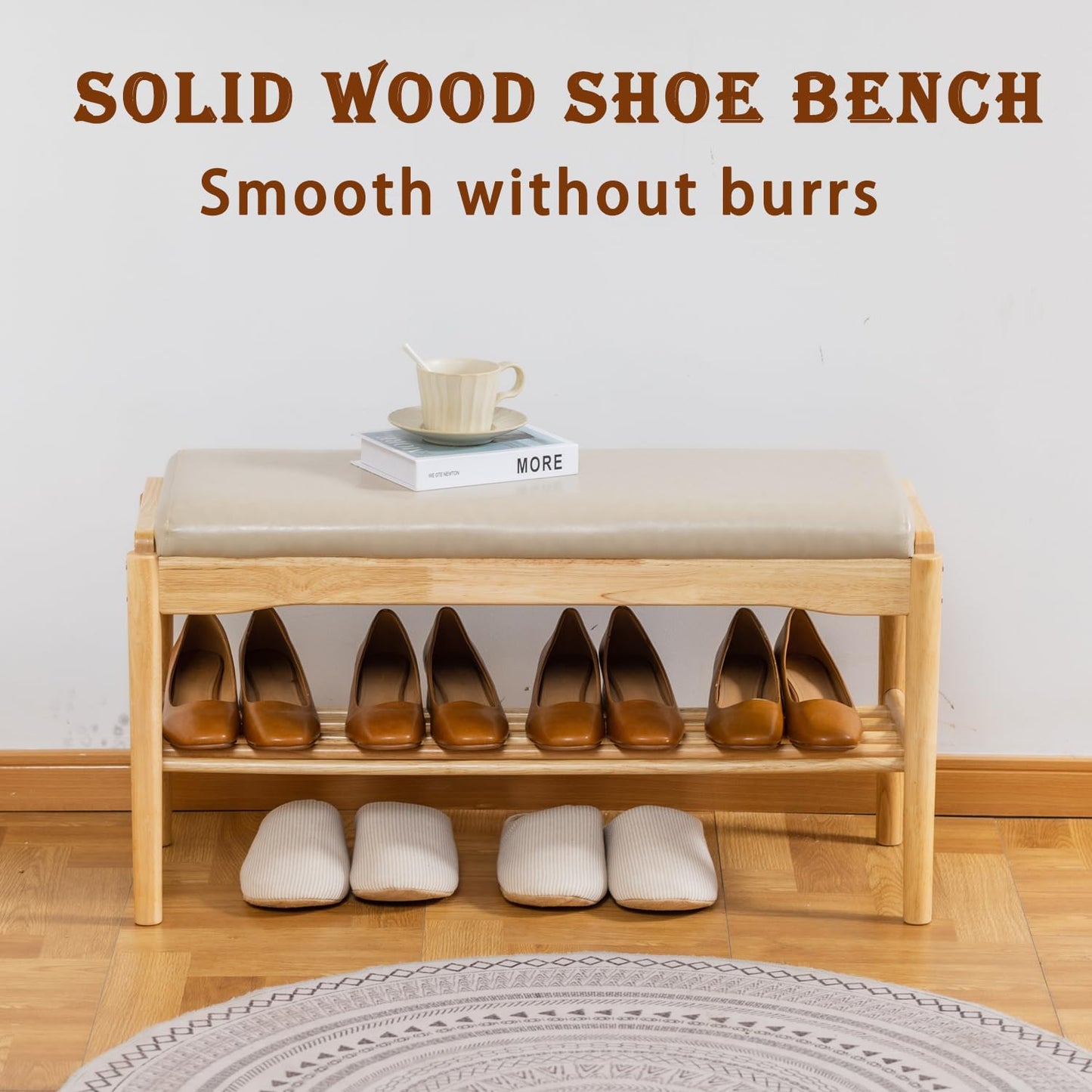latifolia Small Shoe Bench, Solid Wood Bench with Cushion, 2 Tier Shoe Storage Organizer for Entryway(Nature,31.50''L)