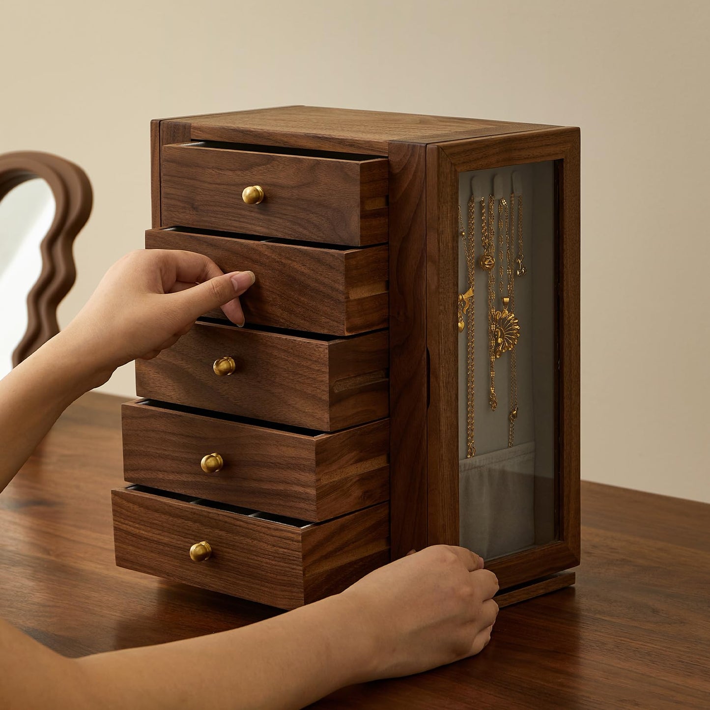 THFLSTR Wooden Jewelry Box for Women, 360 Rotating Design,Large Jewelry Organizer with Velvet Lining, 5 Drawers, Transparent Glass Doors, Black Walnut Wood Grain, Jewelry Storage Organizer