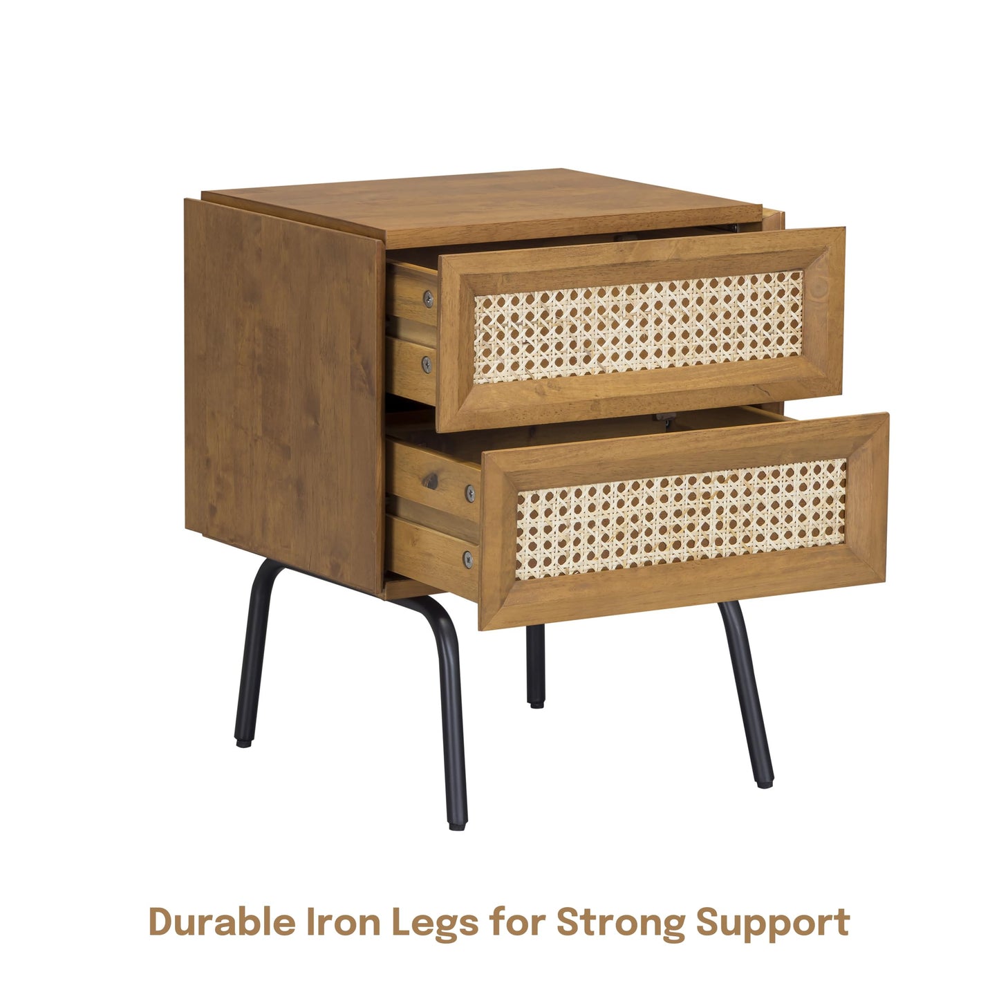 NTC Solid Oak Drawer Face Lulu Nightstand with Natural Rattan Drawer, Mid-Century Side Table for Bedroom, Bedside Furniture, End Table – Waterproof, Heat Resistant, Easy to Assemble, Teak Look