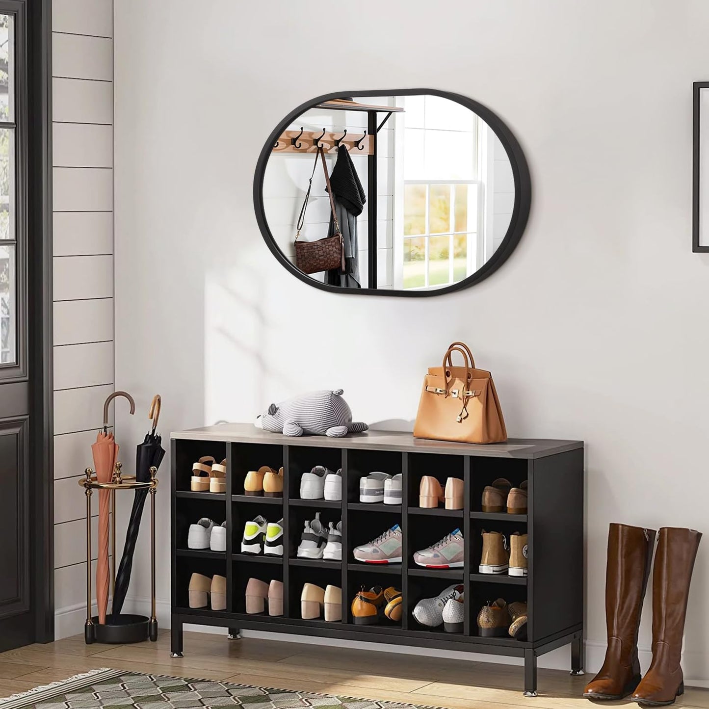 JJUUYOU Oval Mirror Black Metal Framed Bathroom Mirrors for Wall 16X20 Inch Matte Bedroom Vanity Mirror Farmhouse Anti-Rust Tempered Glass Hangs Horizontally or Vertically Mirrors