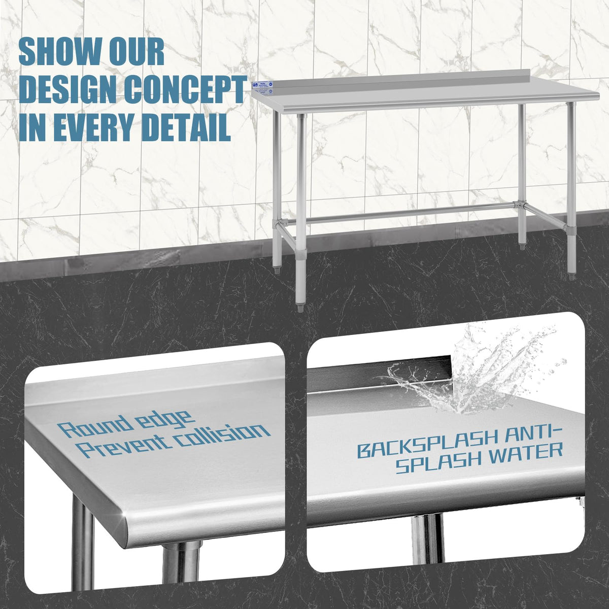 Hally Open Base Stainless Steel Table 24 x 60 Inches, NSF Commercial Heavy Duty Prep & Work Table with Backplash and Galvanized Legs for Restaurant, Home and Hotel