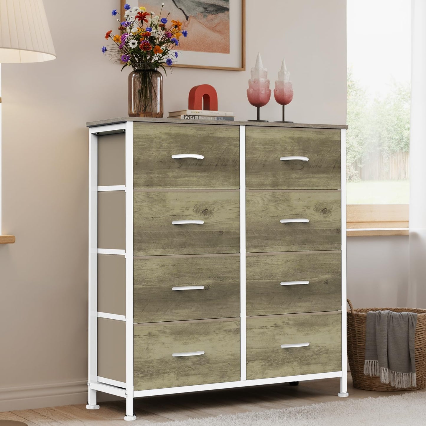 Sweetcrispy 8 Drawer Dresser for Bedroom Large Fabric Storage Tower Organizer Chest of Drawers with Metal Frame and Wooden Top for Nursery Closet Living Room Entryway, Oak Finish