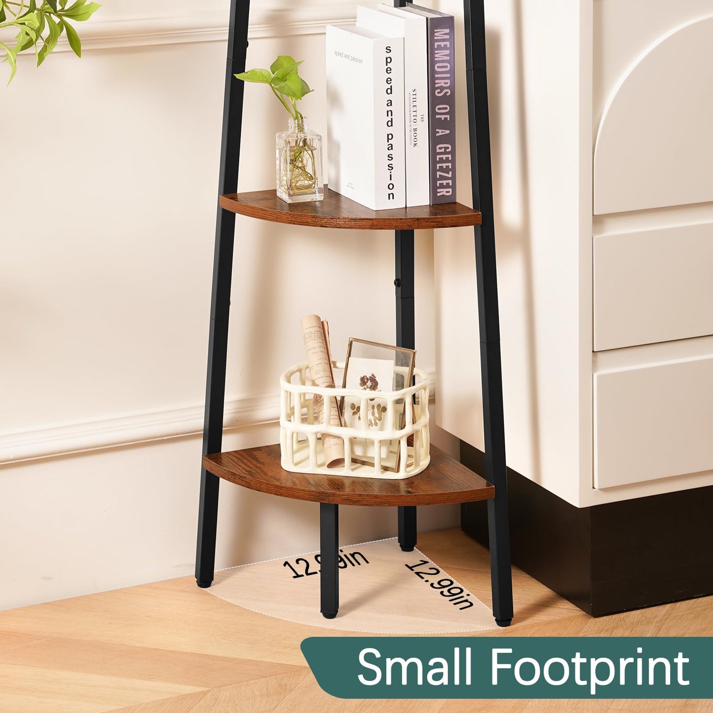 Yoobure Corner Shelf, 4-Tier Corner Bookshelf with Metal Frame & Wood Ladder Shelves - Display Shelf & Tall Bookcase, Plant Stand for Home Decor - Bedroom, Living Room, Office