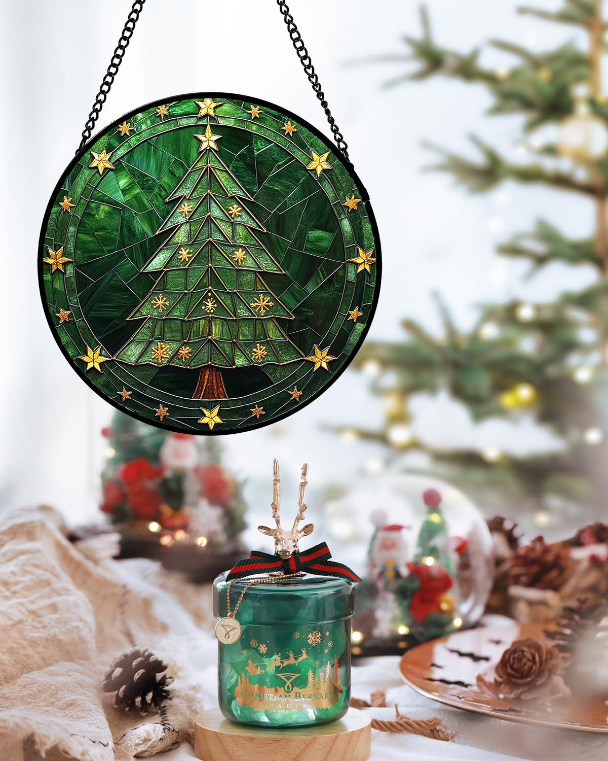 Stained Glass Window Hanging - Green Christmas Tree with Golden Stars Suncatcher for Doors Home Christmas Decoration Sun Catcher Thanksgiving New Year Birthday Gifts for Women Men Mom Nana 11.8 in