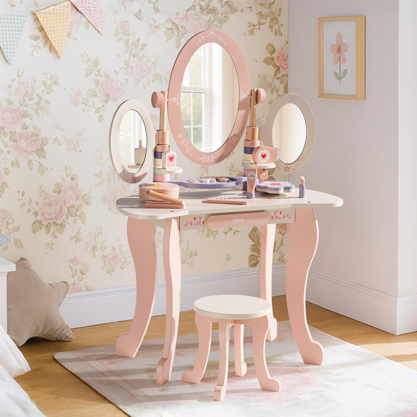 ROBUD Kids Vanity Table and Chair Set, Pink Girls Vanity with 11Pcs Accessories, Pretend Play Kids Vanity with Mirror and Drawer, Princess Makeup Desk Dressing Table, Ideal Gift for Girls Age 3+