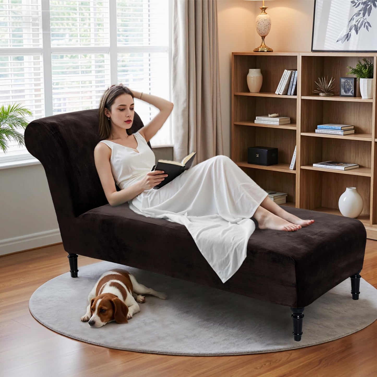 Velvet Chaise Lounge Cover Indoor Armless Chaise Slipcover Luxury High Stretch Ultra Soft Lounge Chair Covers Modern Machine Washable Chair Cover for Living Room Bedroom Furniture, Brown