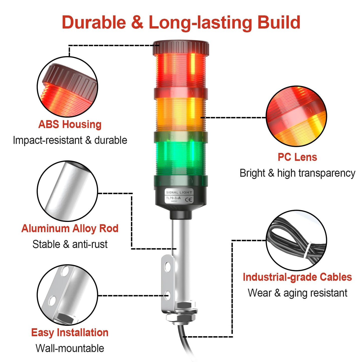 3 Stack Super Bright LED Andon Tower Lights, 24VDC Red/Yellow/Green Signal Light, Off-ON, No Sound, 16.4ft Extension Cord, 9.8ft Power Adapter, Plug Play Ready, for Factory Automation & Safety Alarms