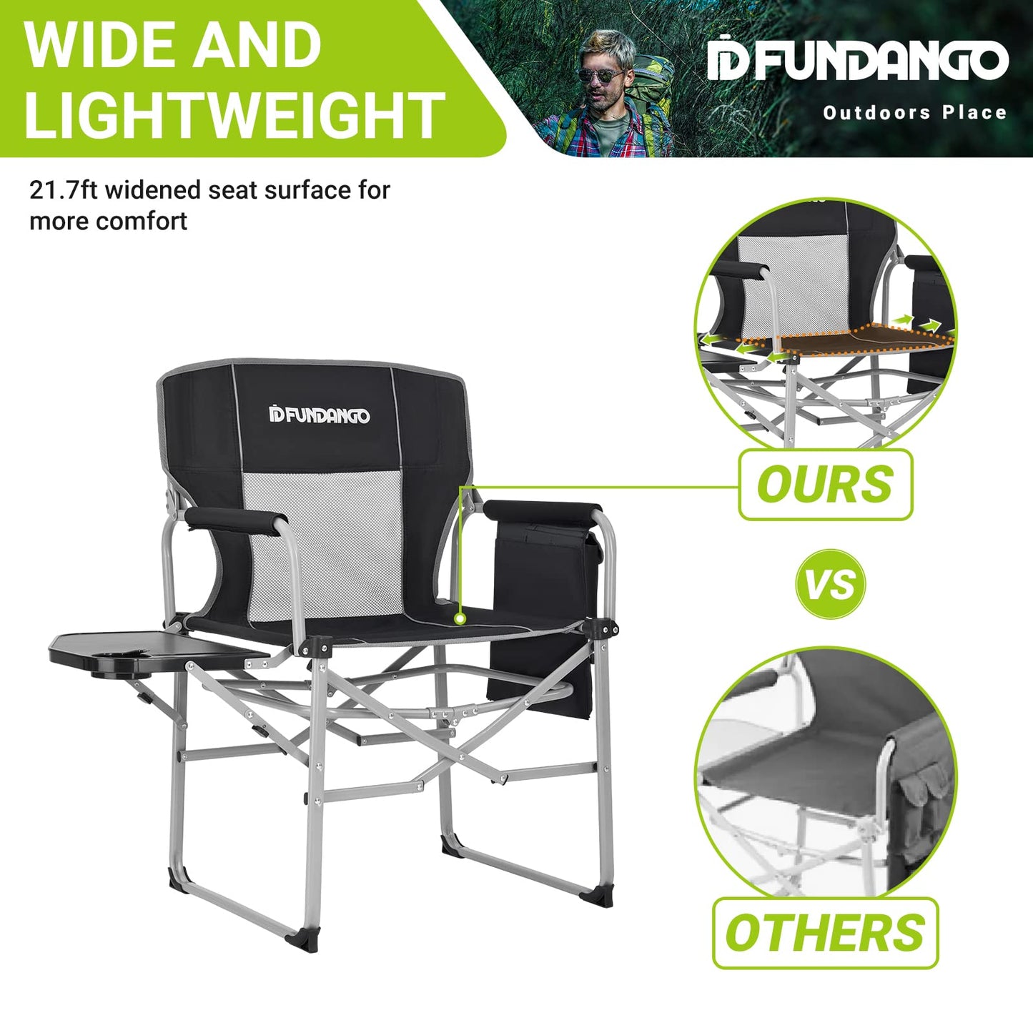 FUNDANGO Camping Directors Chair with Side Table, 32.6" D x 36.2" W x 39.3" H, Black