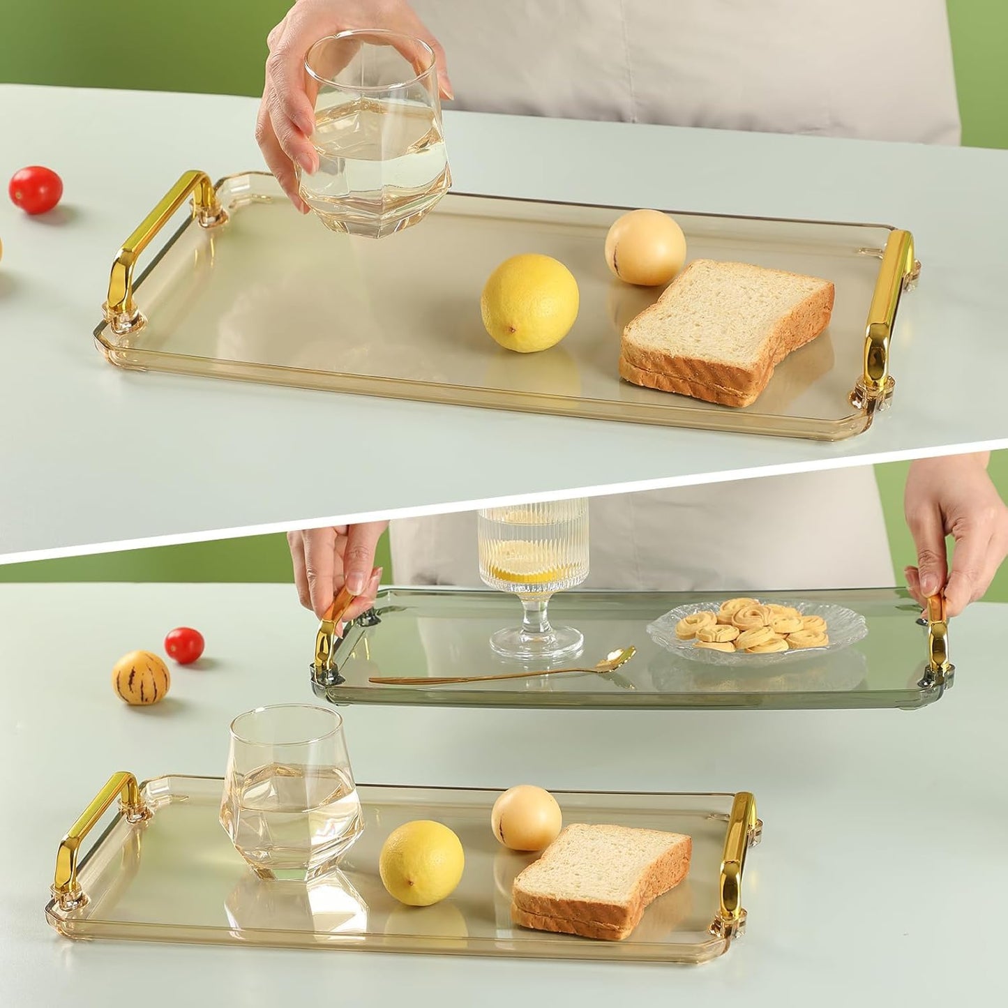 BERGFBV Acrylic Serving Tray with Handles, 16x9 Inch Ottoman Tray, Spill-Proof Coffee Table Tray for Couch, Bedroom & Countertop Decor (Green)