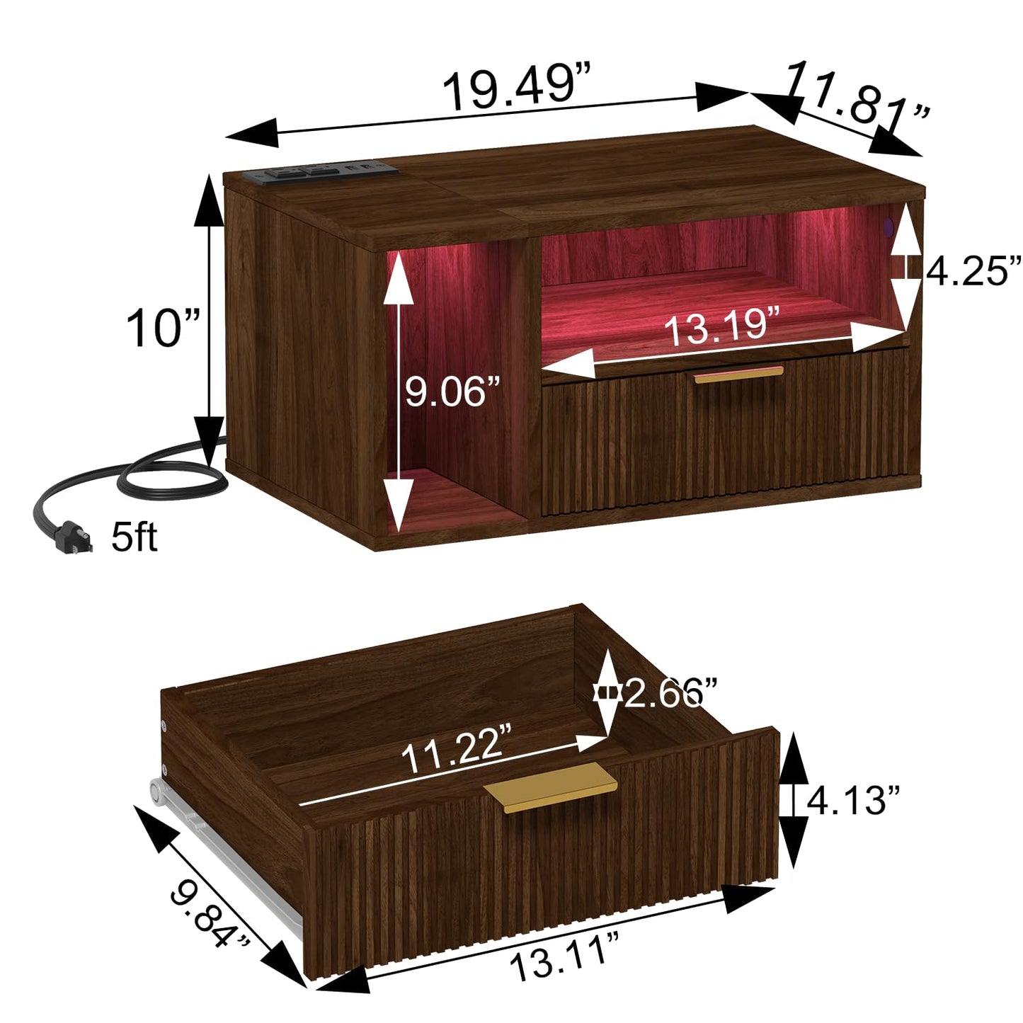 Veegle Floating Nightstand with Charging Station and LED Lights, Walnut Brown