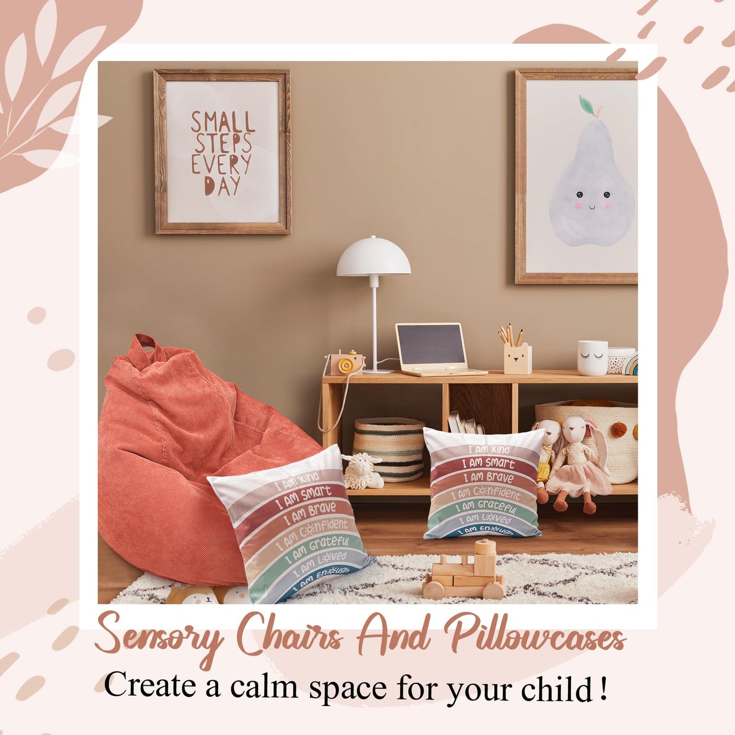 Cozy Corner for Kids Classroom, Plush Storage Bean Bag Cover (No Filler) and Rainbow Throw Pillow Covers, Reading Calming Corner Decor, Reading Nook, Nursery, Playroom Decor(Small,Rainbow,Dusty Pink)