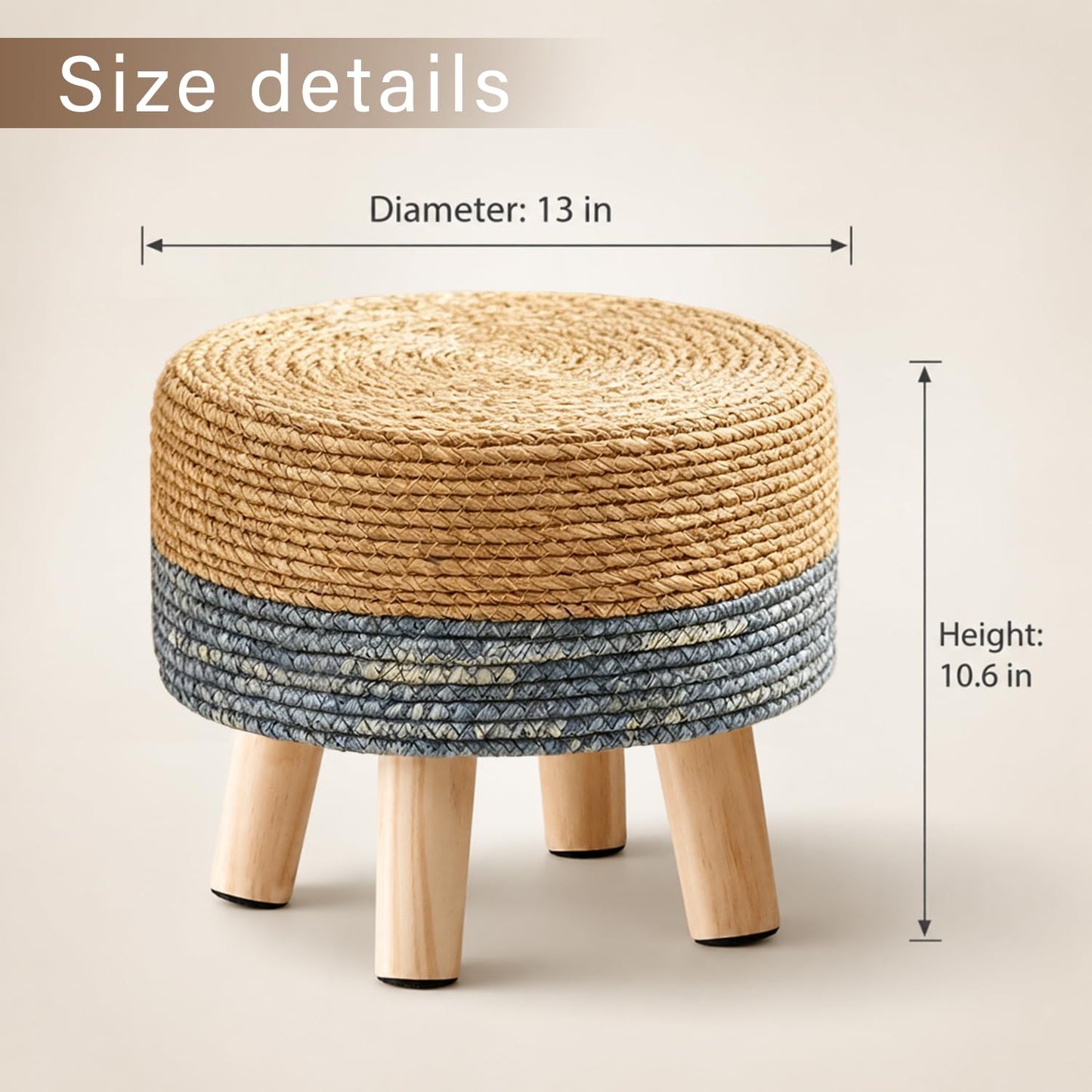 Wimarsbon Round Foot Stool Natural Seagrass Poufs Ottoman Hand Weave Footrest Stool for Couch Desk Extra Seat Step Stool with Solid Wood Legs for Hallway Patio Lounge Blue