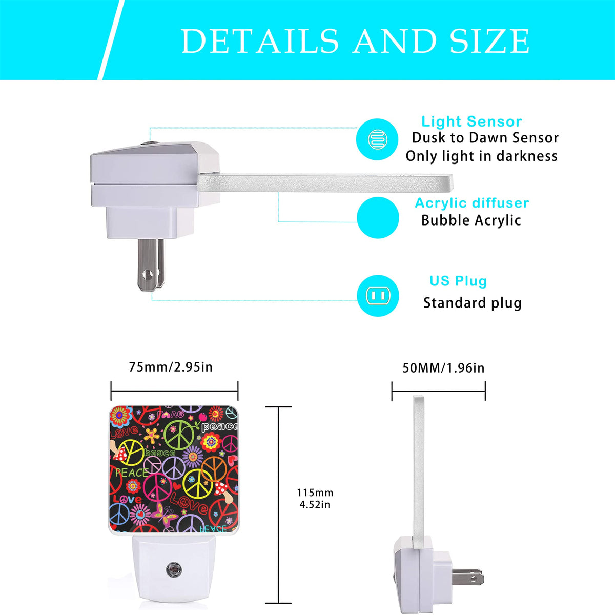 Oeaskly Hippie Peace Flowers Night Light,Hippies Plug-in Night Lights with Dusk-to-Dawn Sensor for Bedroom, Bathroom and Living Room 0.5W Sleep Friendly lamp for for Girlfriend/Boyfriend Gift