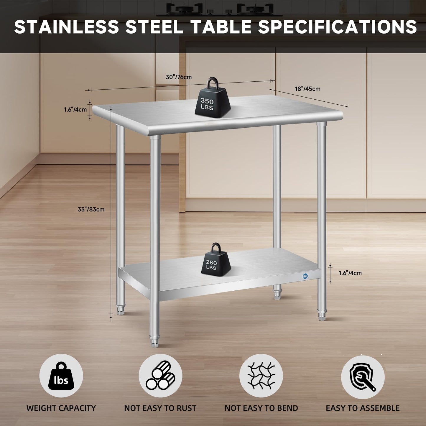 PIUMACU Stainless Steel Table, Stainless Table for Prep & Work 30x18x33 Inch, Commercial Metal Table for Restaurant Kitchen Hotel Garage