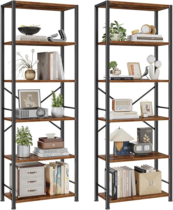 Furologee 6 Tier Book Shelf Set of 2, Tall Wide Bookshelf, Industrial Open
