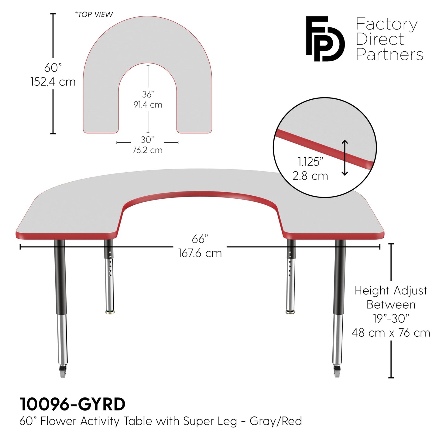 FDP Mobile Horseshoe Activity School and Office Table (60 x 66 inch), Super Legs with Glides and Casters for Collaborative Environments, Adjustable Height 19-30 inches - Gray Top and Red Edge