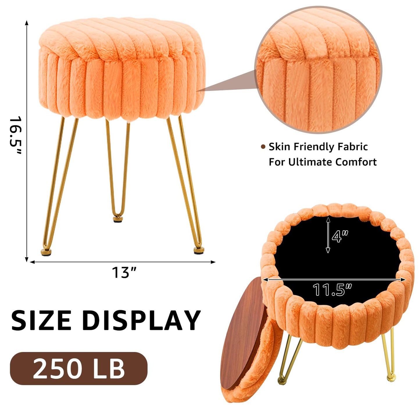 Wimarsbon Vanity Stool with Storage, Faux Fur Ottoman Chair with Metal Legs, Round Makeup Vanity Chair for Bedroom or Dressing Table, Modern Small Ottoman Seat (Orange)