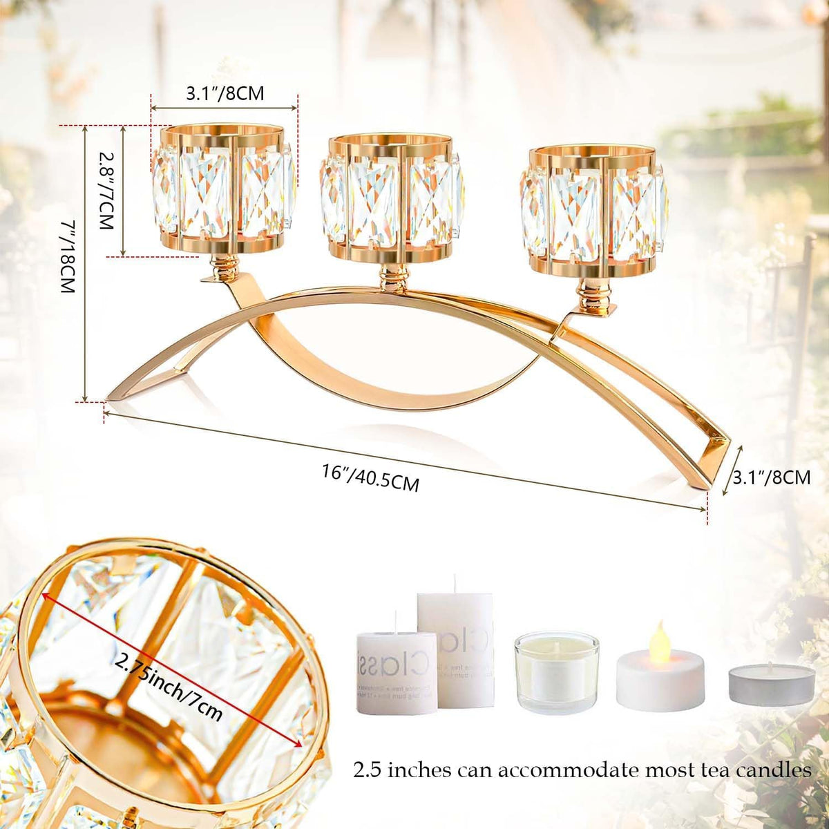 KEHAIL 3 Arms Crystal Candle Holders, Arch Candlestick Table Candelabras Centerpieces for Wedding, Dinning Room, Cabinet Ornaments, Home Decoration， Gift (Gold, 2 Pcs-3 Arm Arched)
