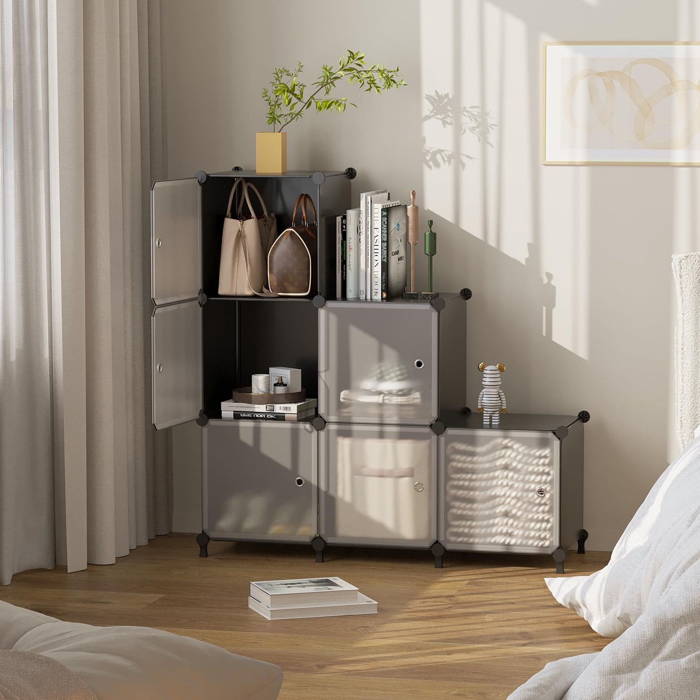 ATTDETJL Cube Storage Organizer, 6 Cube Shelves Unit with Doors,DIY Stackable Plastic Clothes Organizer for Bedroom and Under Stairs Storage Unit, 30 x 30 x 30 x 30 cm Grey ATTSL6004 (6, Black)