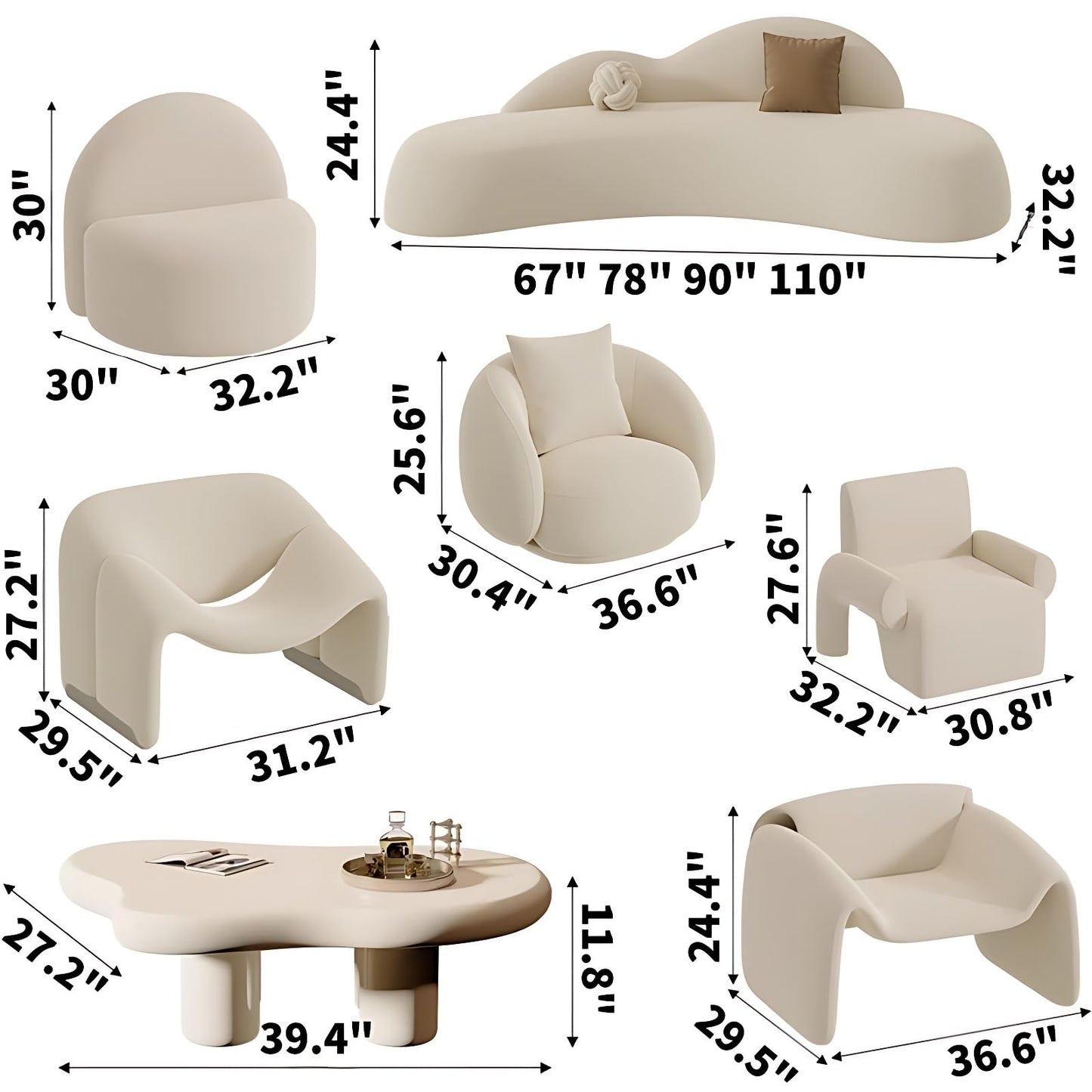 Arc Shaped Modular Sofa Set - Modern Leather Modular Sofa with High Density Cushions, Solid Wood Frame | Stylish Living Room Sofa Set, Suitable for Offices, Lounges (Style E, 67")